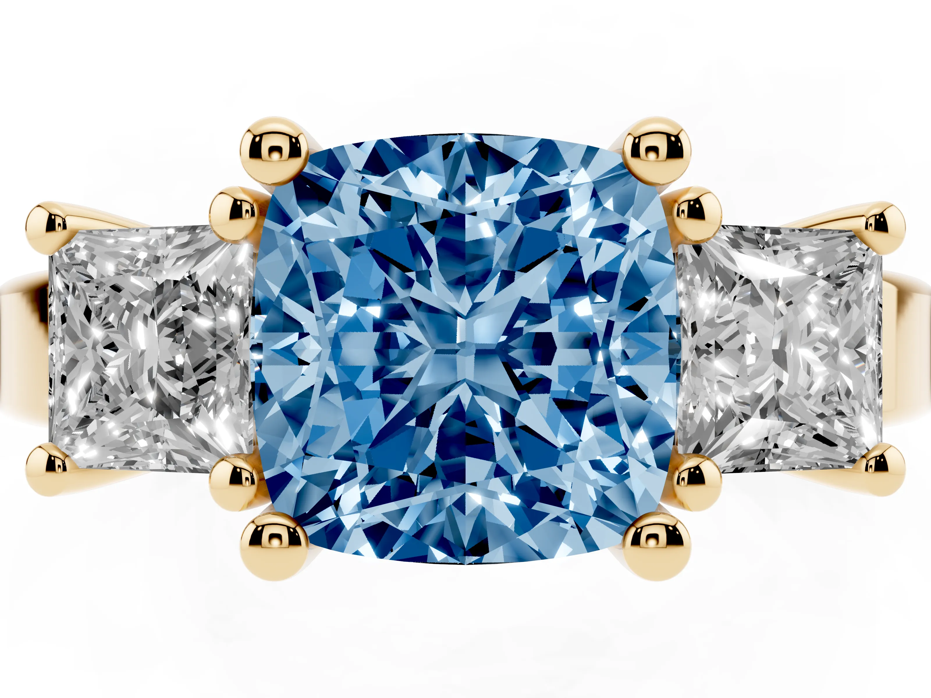Fancy Blue Three-Stone Cushion Cut Diamond Solitaire Ring Set in Yellow gold with Prong Setting