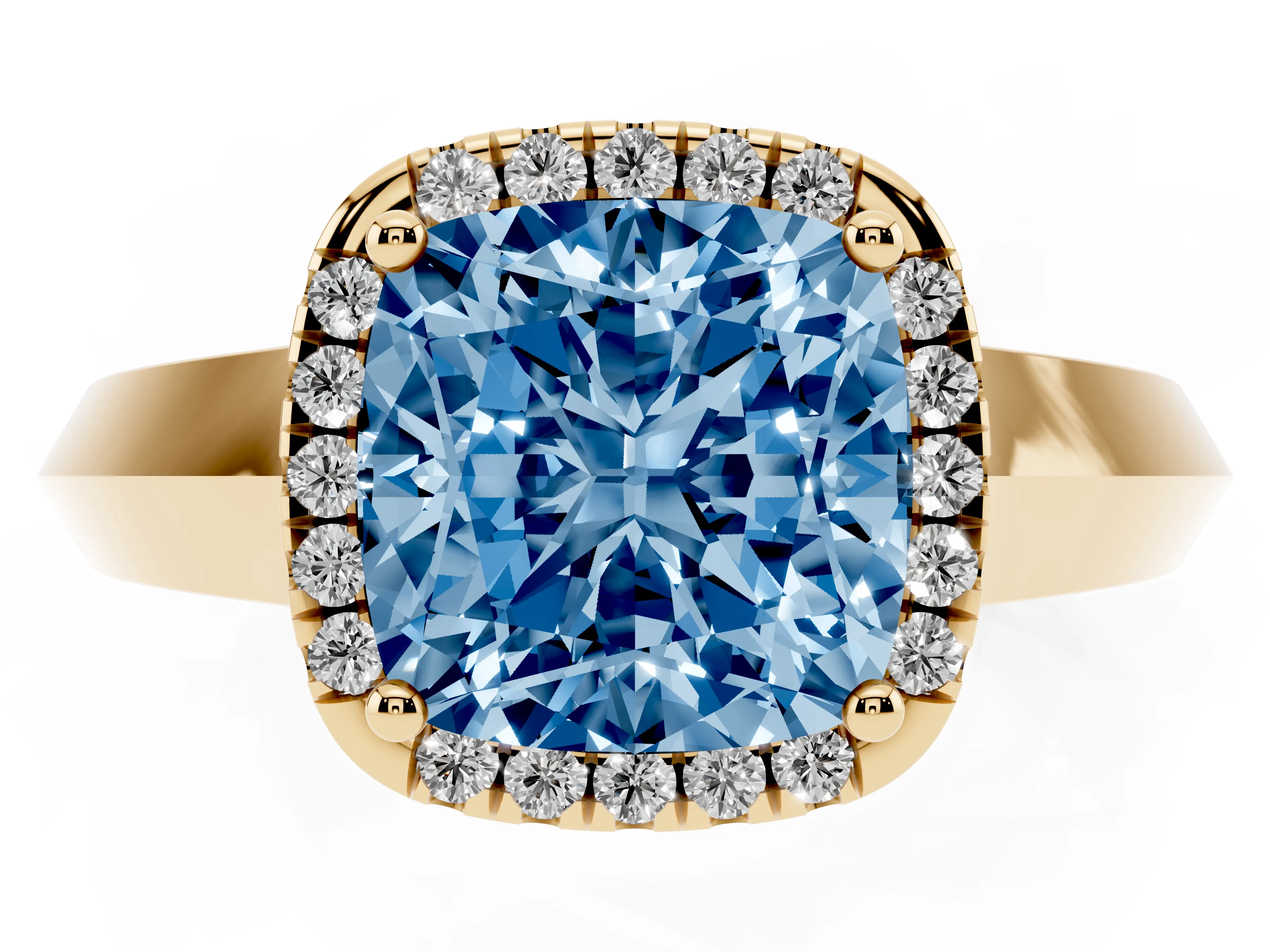 Fancy Blue Cushion Cut Diamond Halo Ring Set in Yellow gold with Cathedral Band and Prong Setting