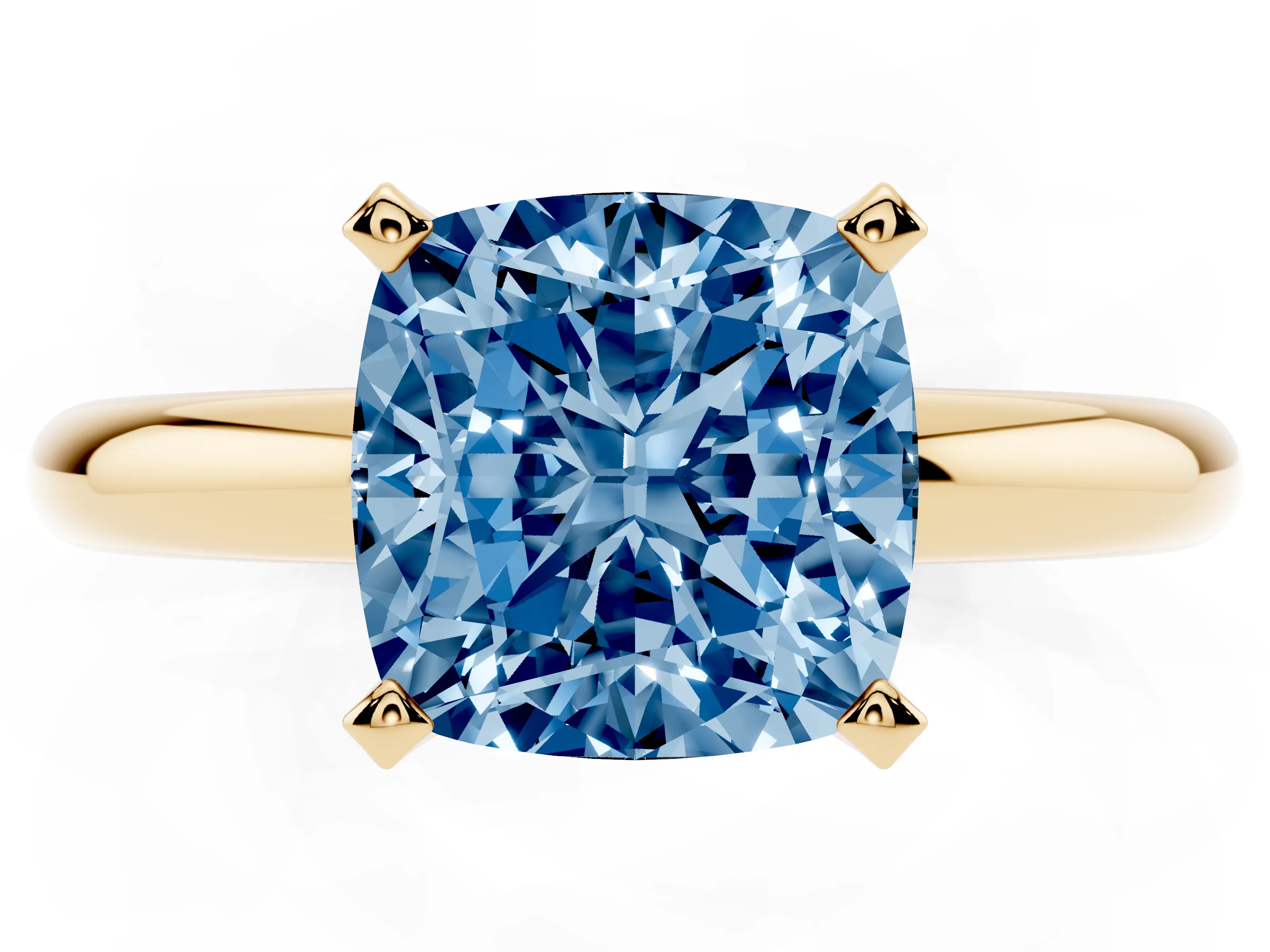 Fancy Blue Cushion Cut Diamond Solitaire Engagement Ring Set in Yellow gold with Round Band and Prong Setting