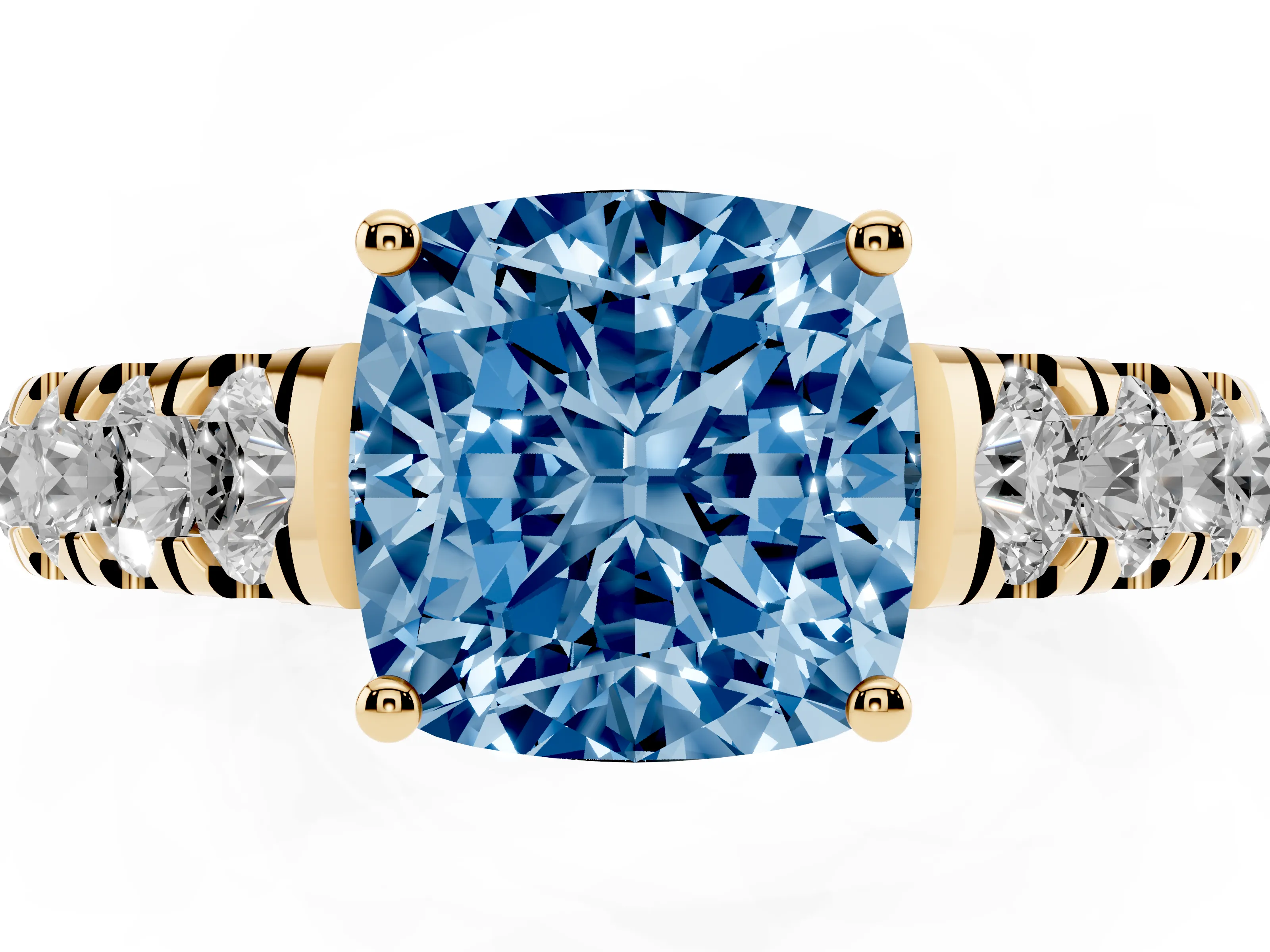 Fancy Blue Cushion Cut Diamond Solitaire Ring Set in Yellow gold with Cut-Down Micro Pavé Band and Prong Setting