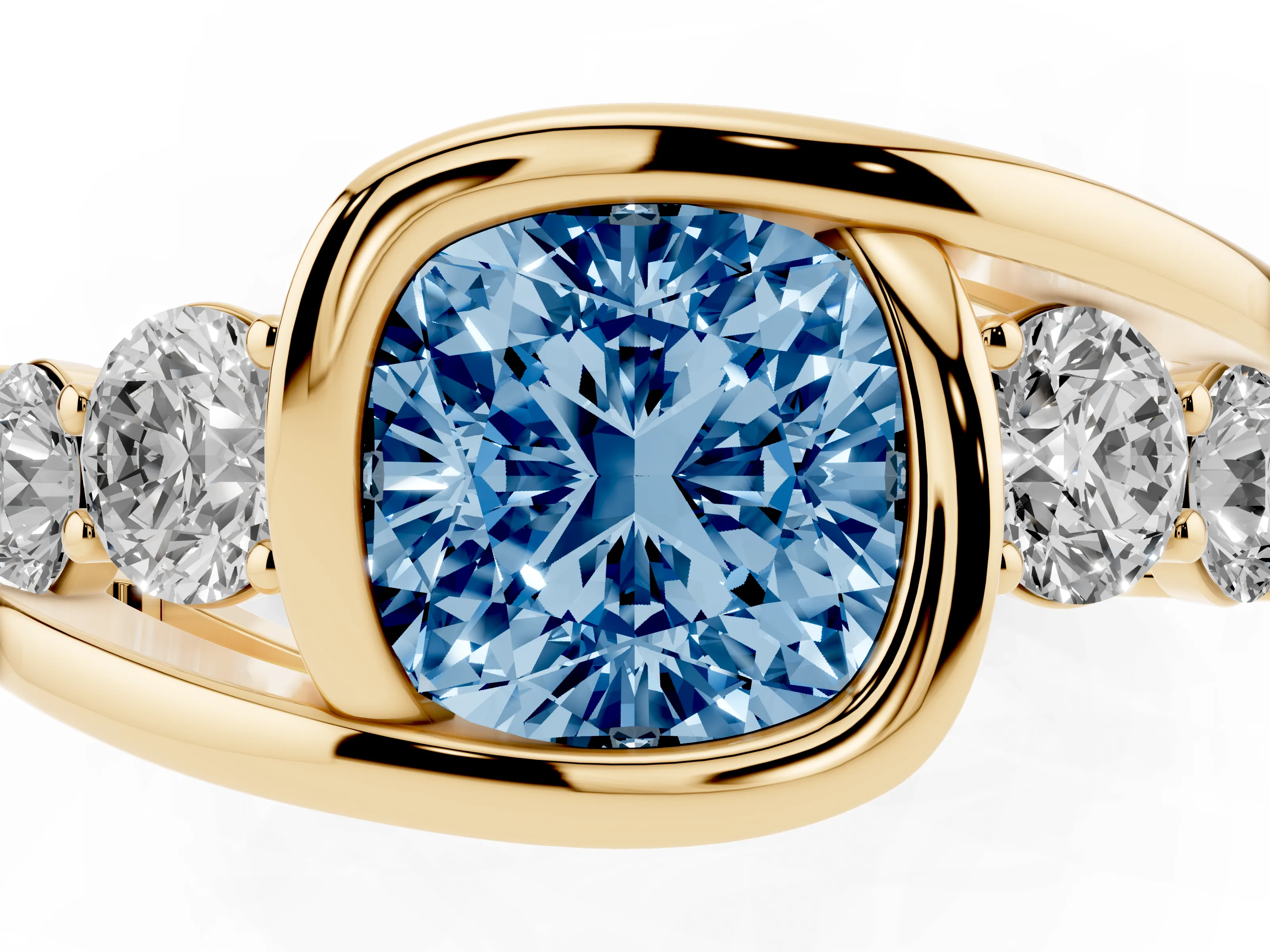 Fancy Blue Cushion Cut Diamond Bezel Bypass Ring Set in Yellow gold with Round Accents