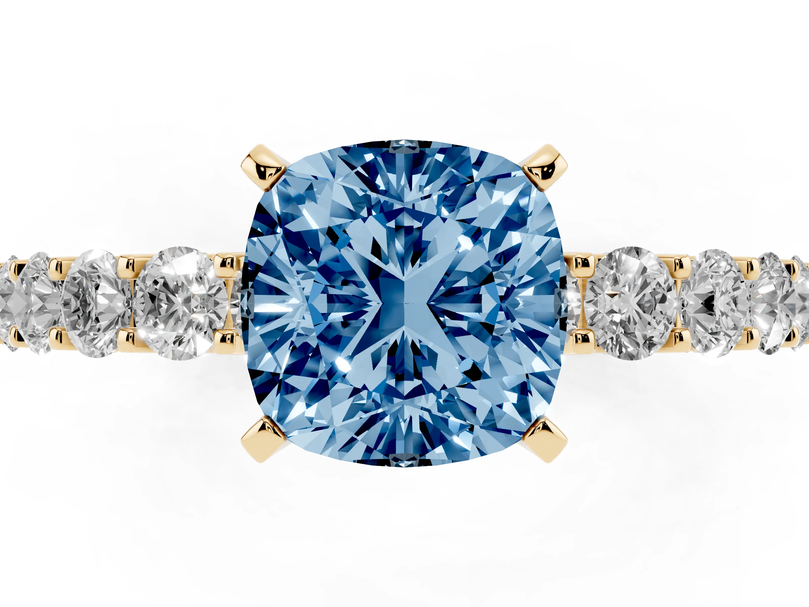Fancy Blue Cushion Cut Diamond Solitaire Ring Set in Yellow gold with Shared Prong Pavé Band