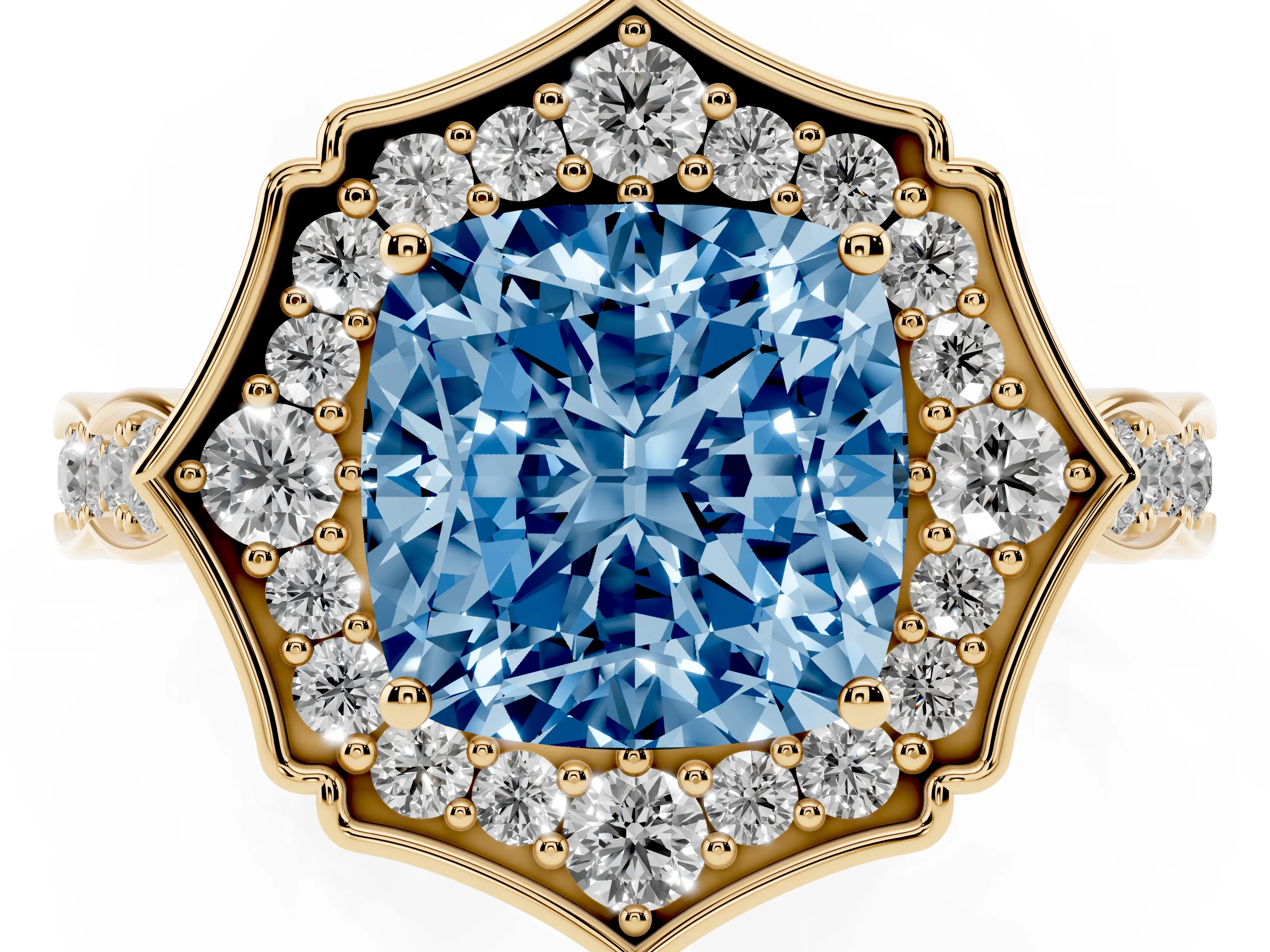 Fancy Blue Cushion Cut Diamond Halo Engagement Ring Set in Yellow gold with Milgrain Band and Prong Setting