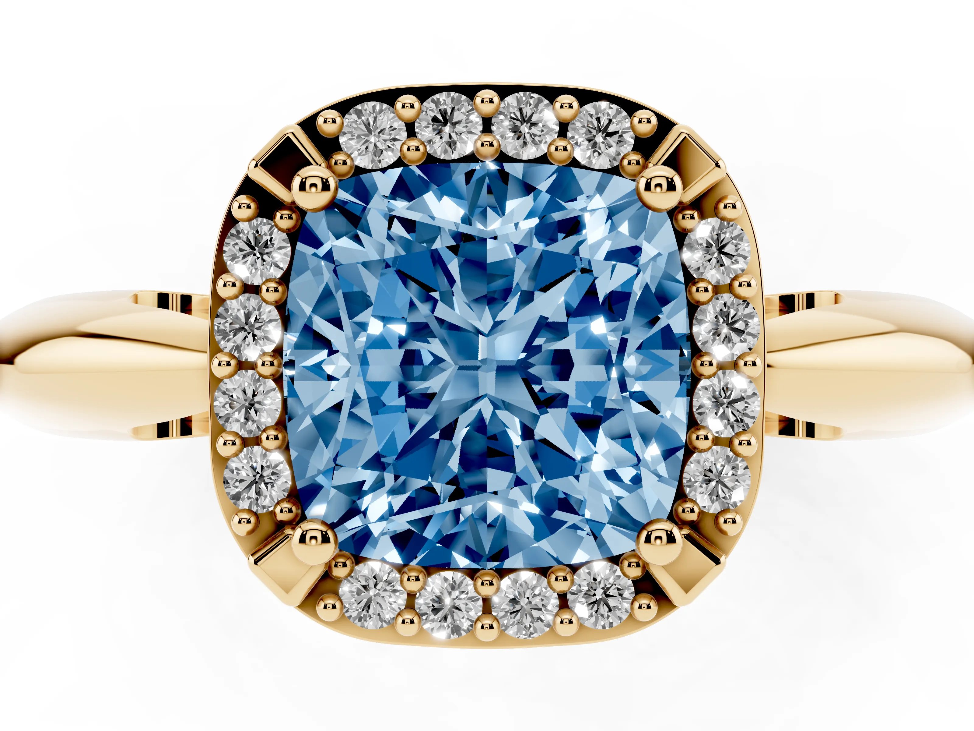 Fancy Blue Cushion Cut Diamond Halo Engagement Ring Set in Yellow gold with Plain Split Shank and Prong Setting