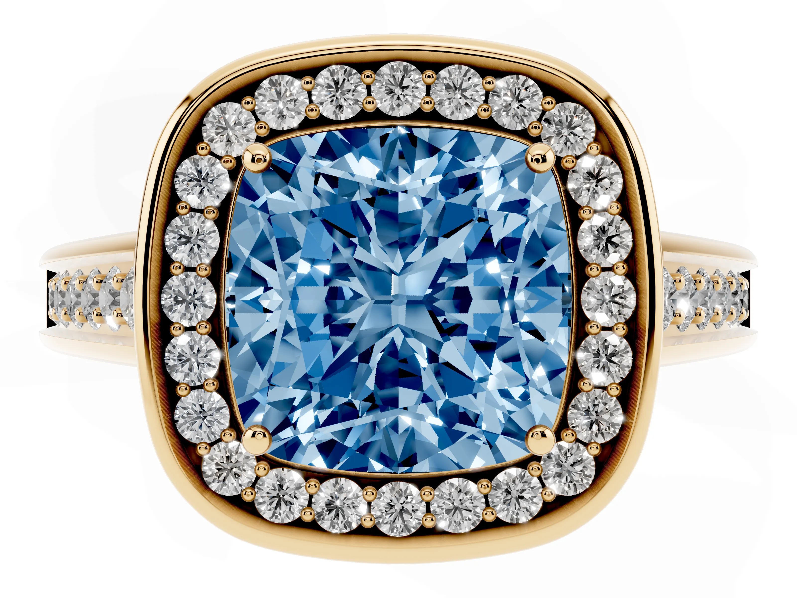 Fancy Blue Cushion Cut Diamond Halo Solitaire Ring Set in Yellow gold with Pavé Band and Bezel Setting