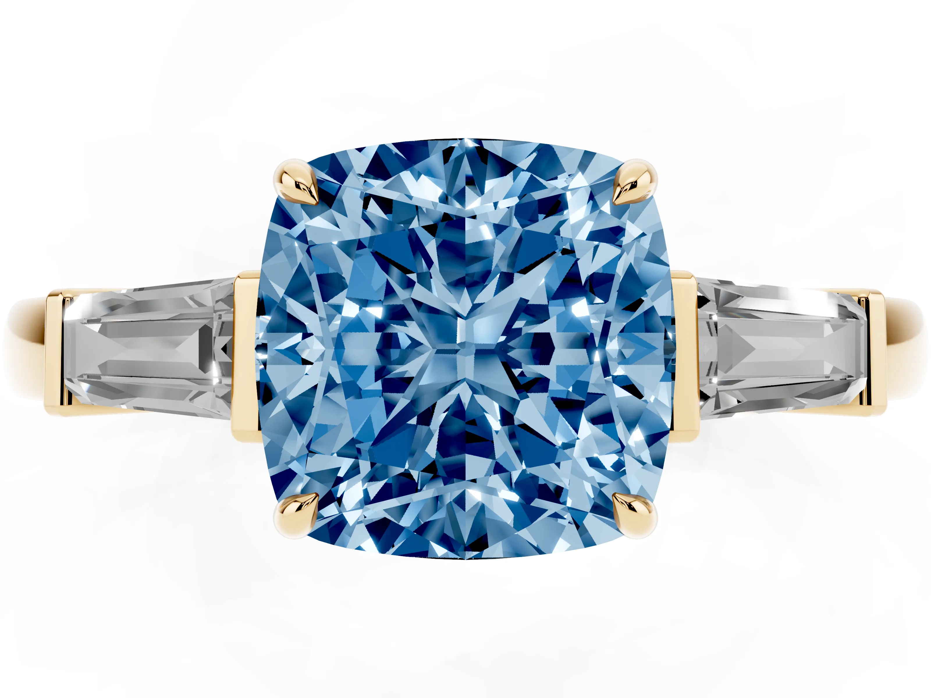 Fancy Blue Cushion Cut Diamond Three-Stone Ring Set in Yellow gold with Tapered Baguette Side Stones and Prong Setting