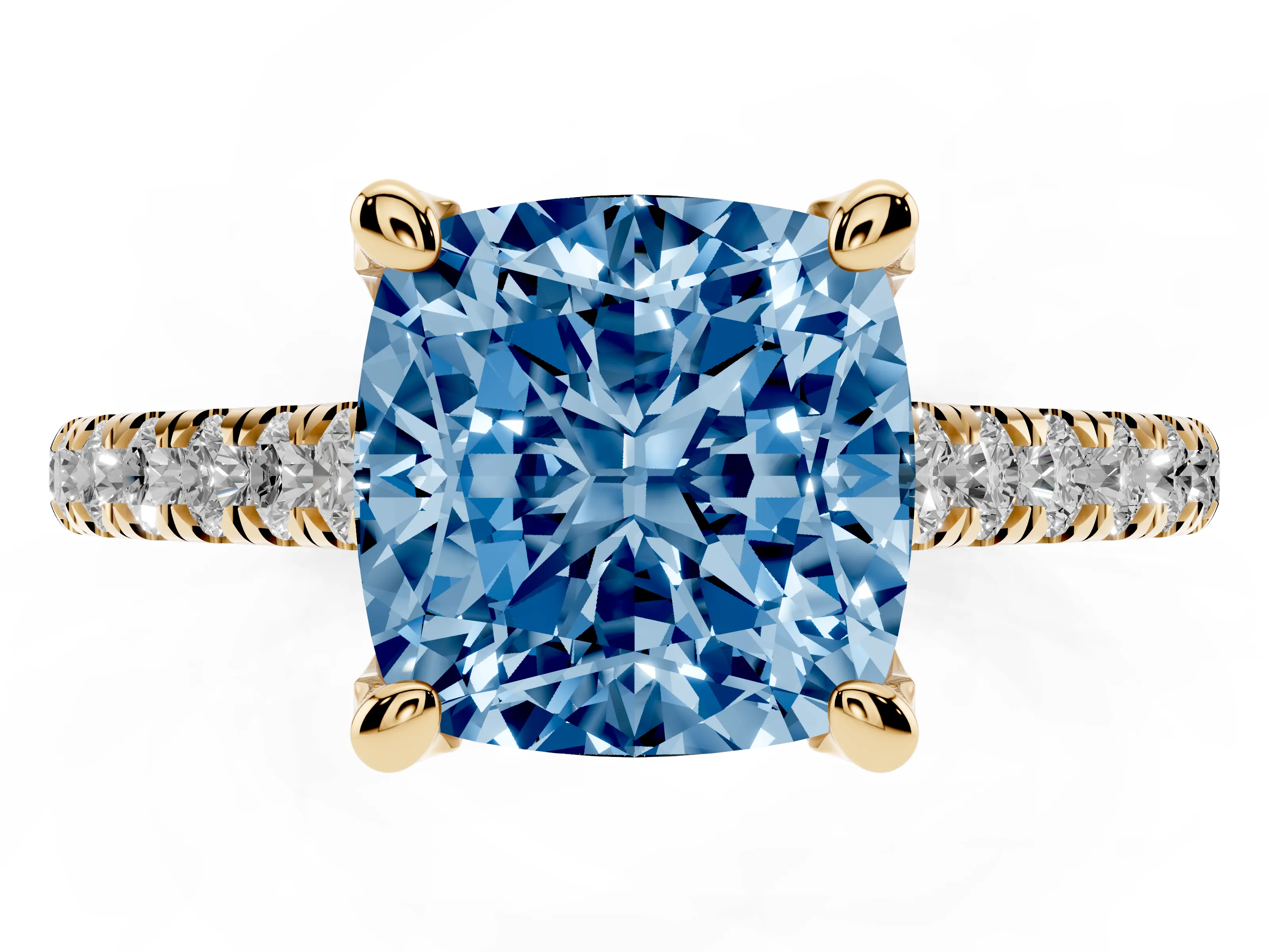 Fancy Blue Cushion Cut Diamond Solitaire Ring Set in Yellow gold with Brilliant Pavé Band and Prong Setting
