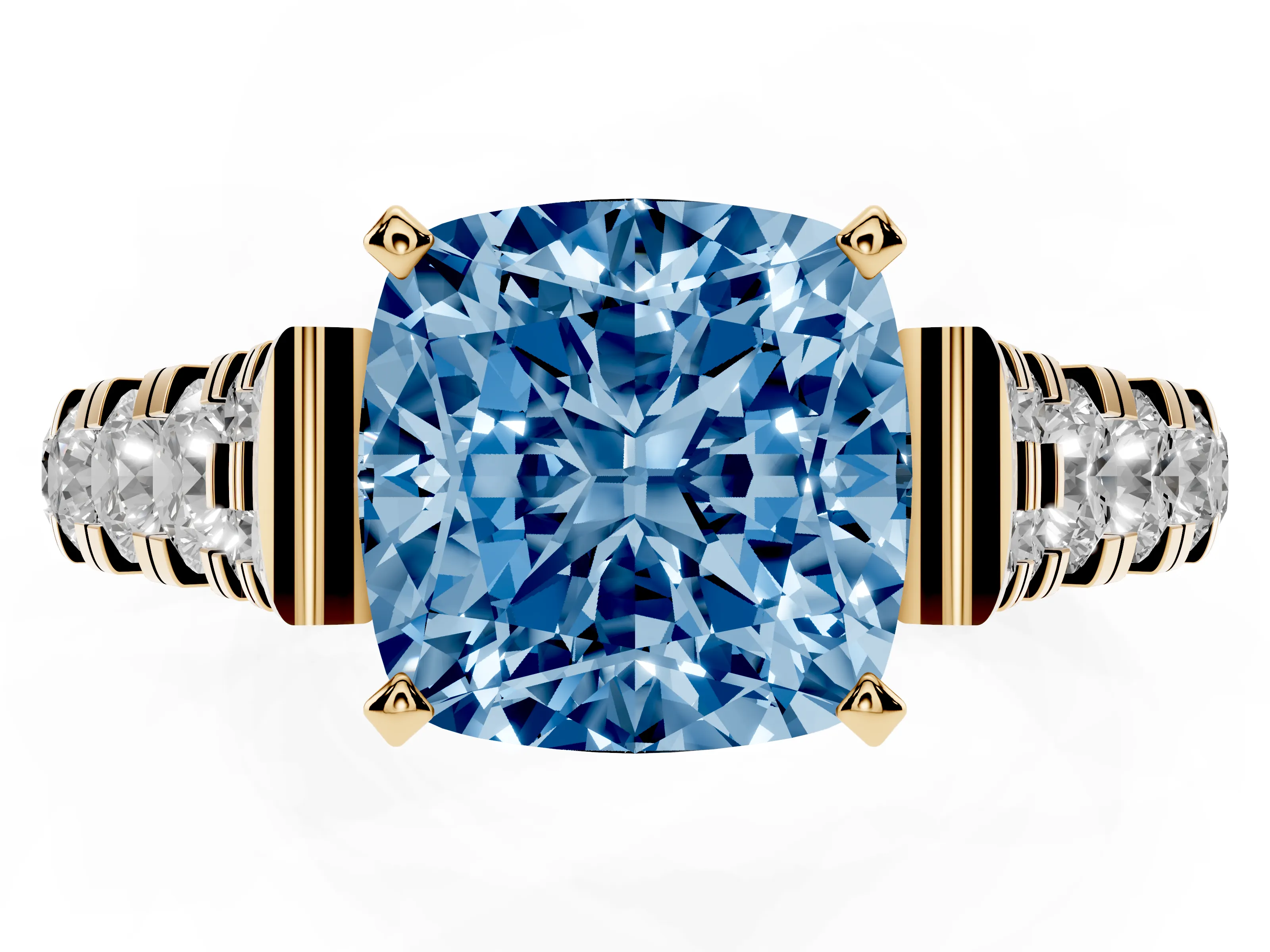 Fancy Blue Cushion Cut Diamond Classic Solitaire Ring Set in Yellow gold with Pavé Band and Prong Setting