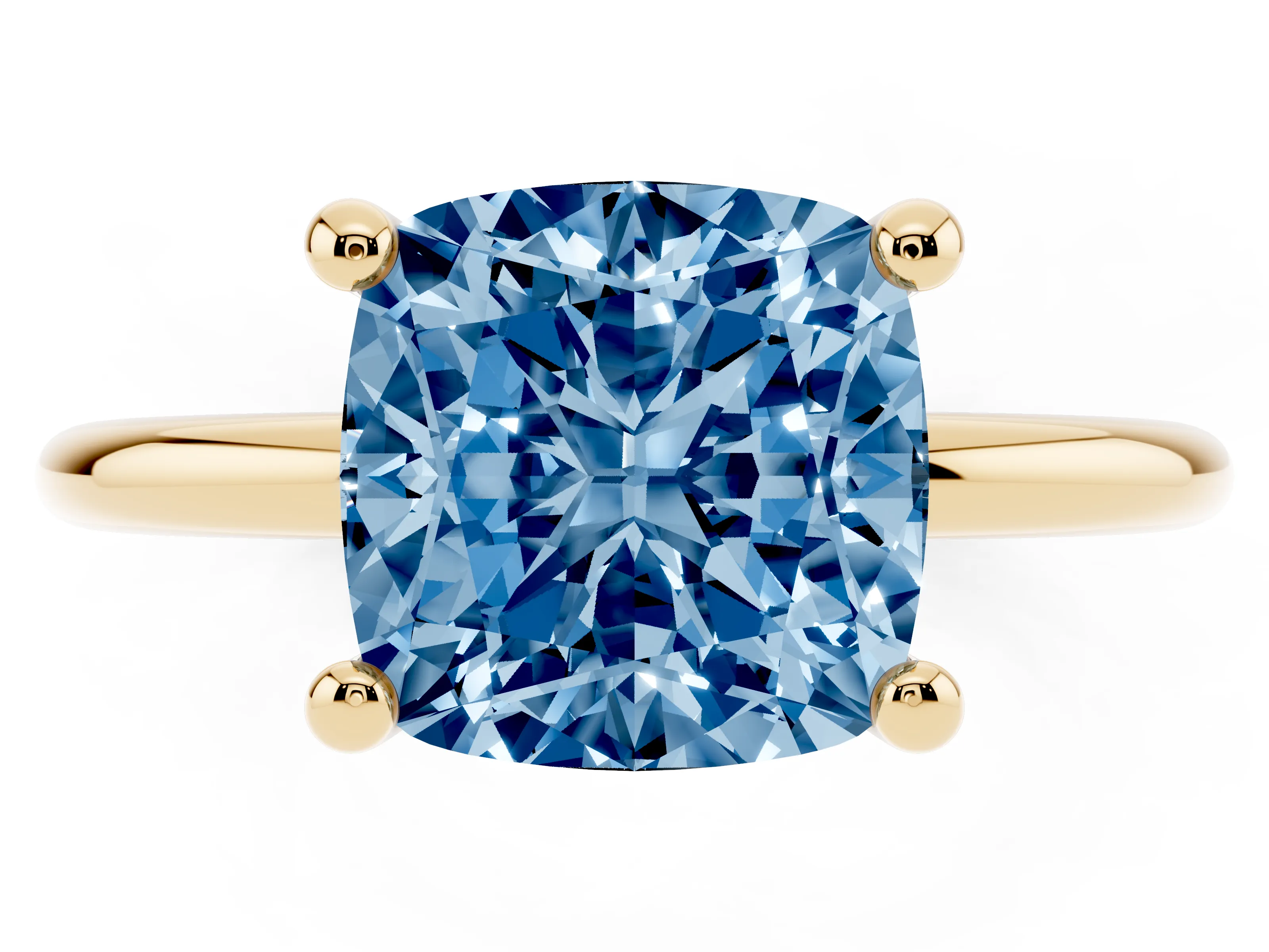 Fancy Blue Cushion Cut Diamond Solitaire Ring Set in Yellow gold with Secure Prong Setting on a Classic Band