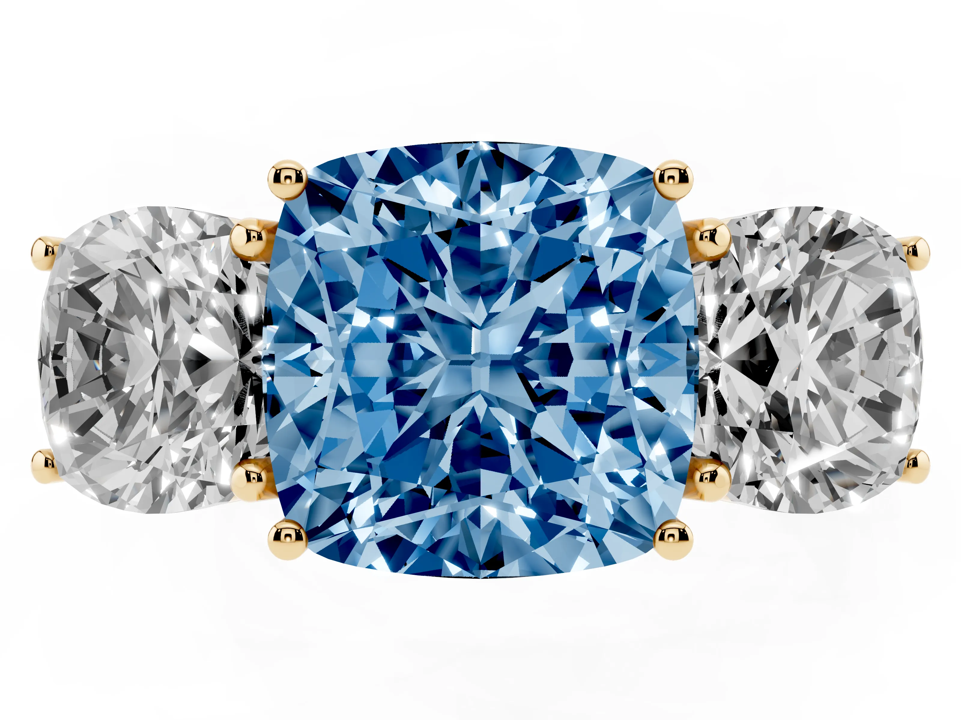 Fancy Blue Cushion Cut Diamond Three-Stone Ring Set in Yellow gold with Braided Band