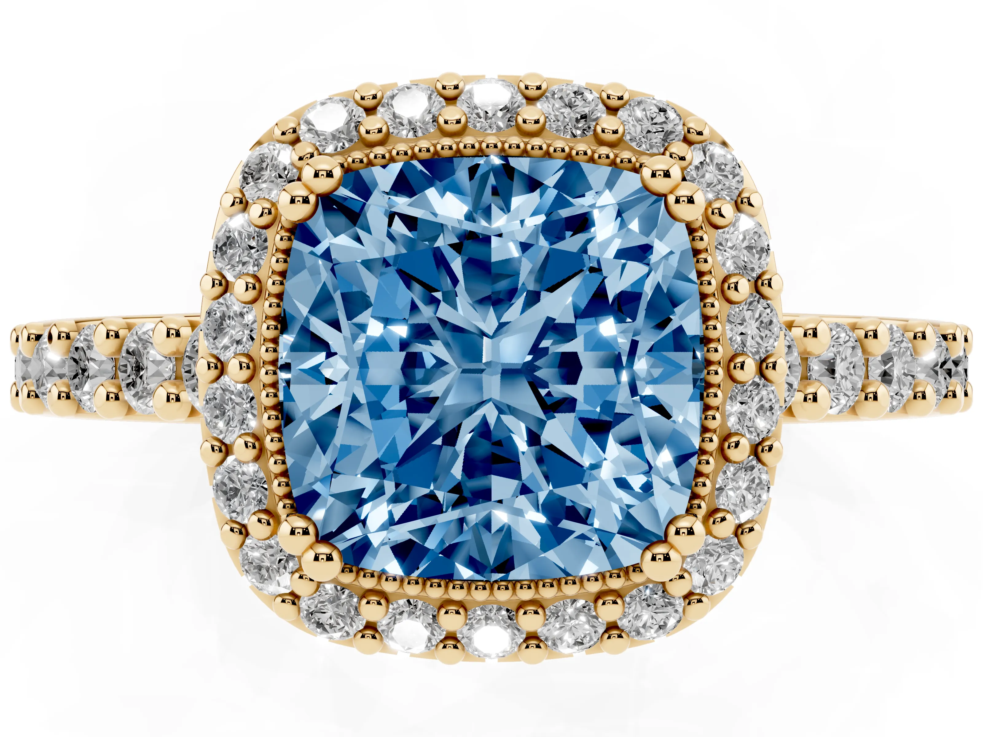 Fancy Blue Cushion Cut Diamond Halo Engagement Ring Set in Yellow gold with Milgrain Detail and Pavé Band
