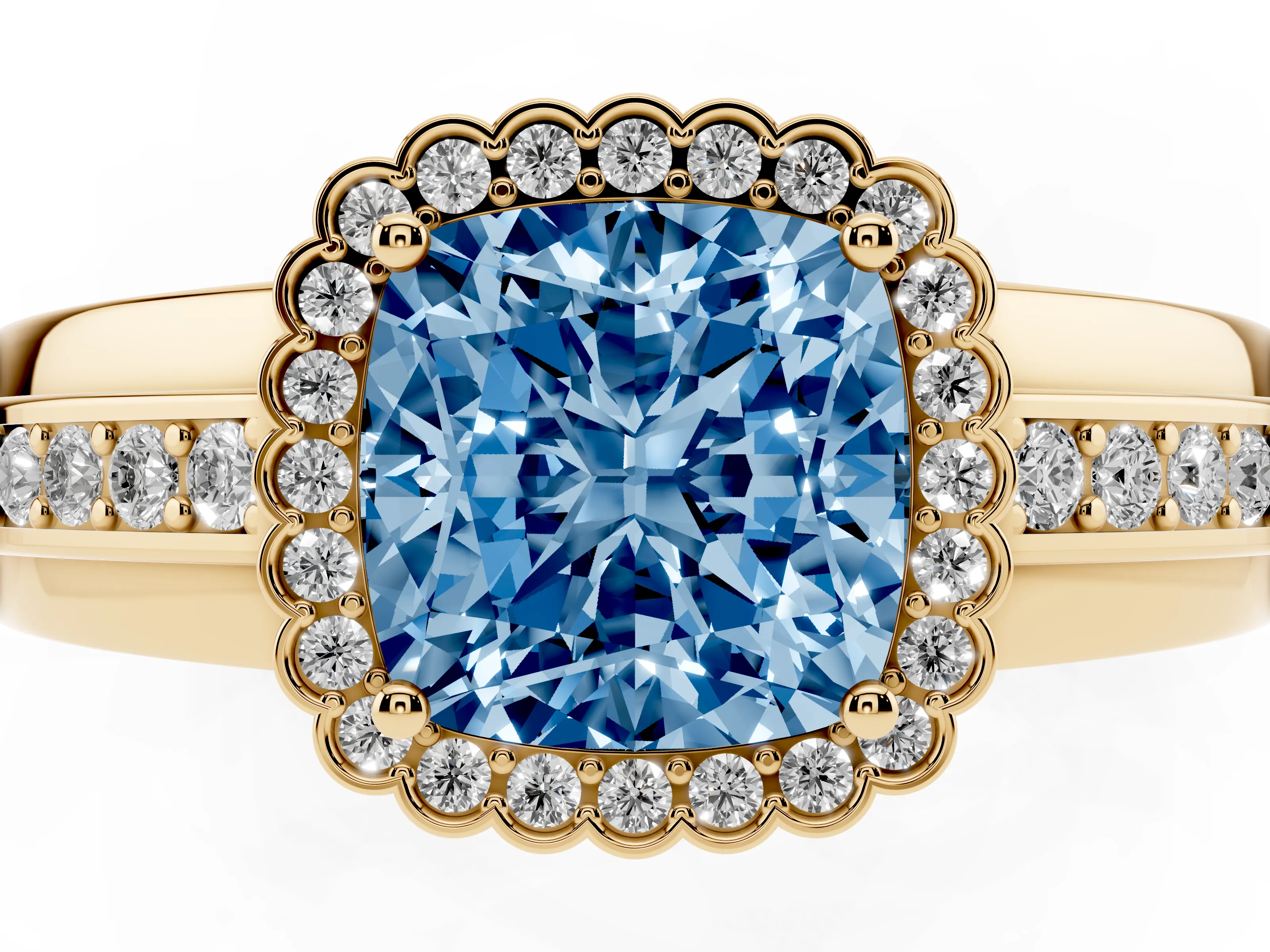 Fancy Blue Cushion Cut Diamond Halo Prong Ring Set in Yellow gold with Pavé Band