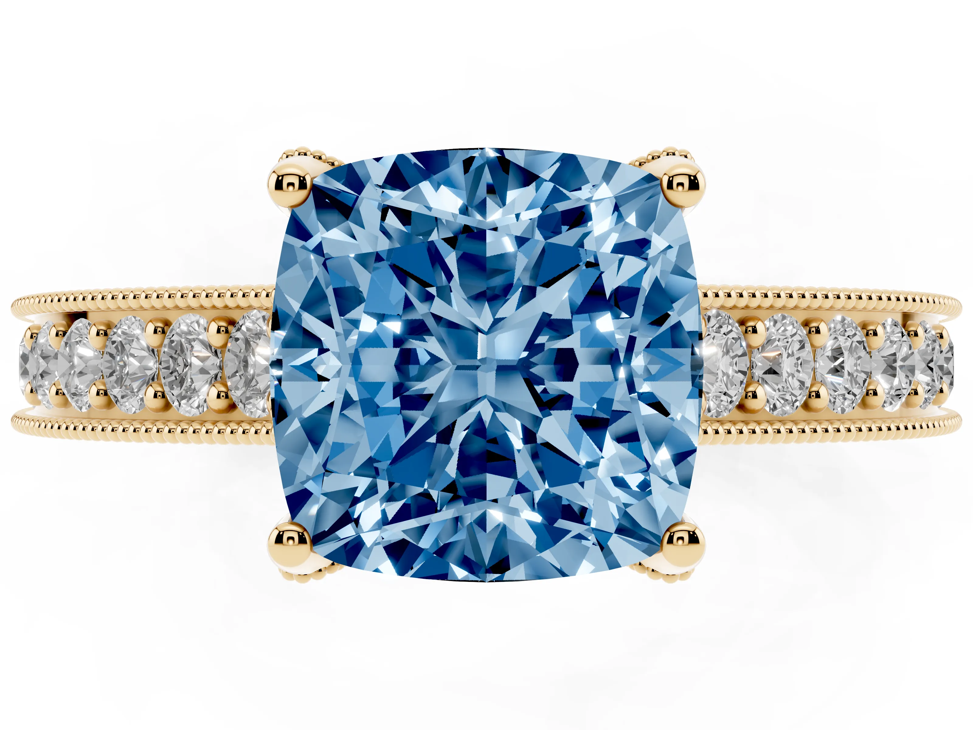 Fancy Blue Cushion Cut Diamond Solitaire Ring Set in Yellow gold with Milgrain-Edged Pavé Band and Prong Setting