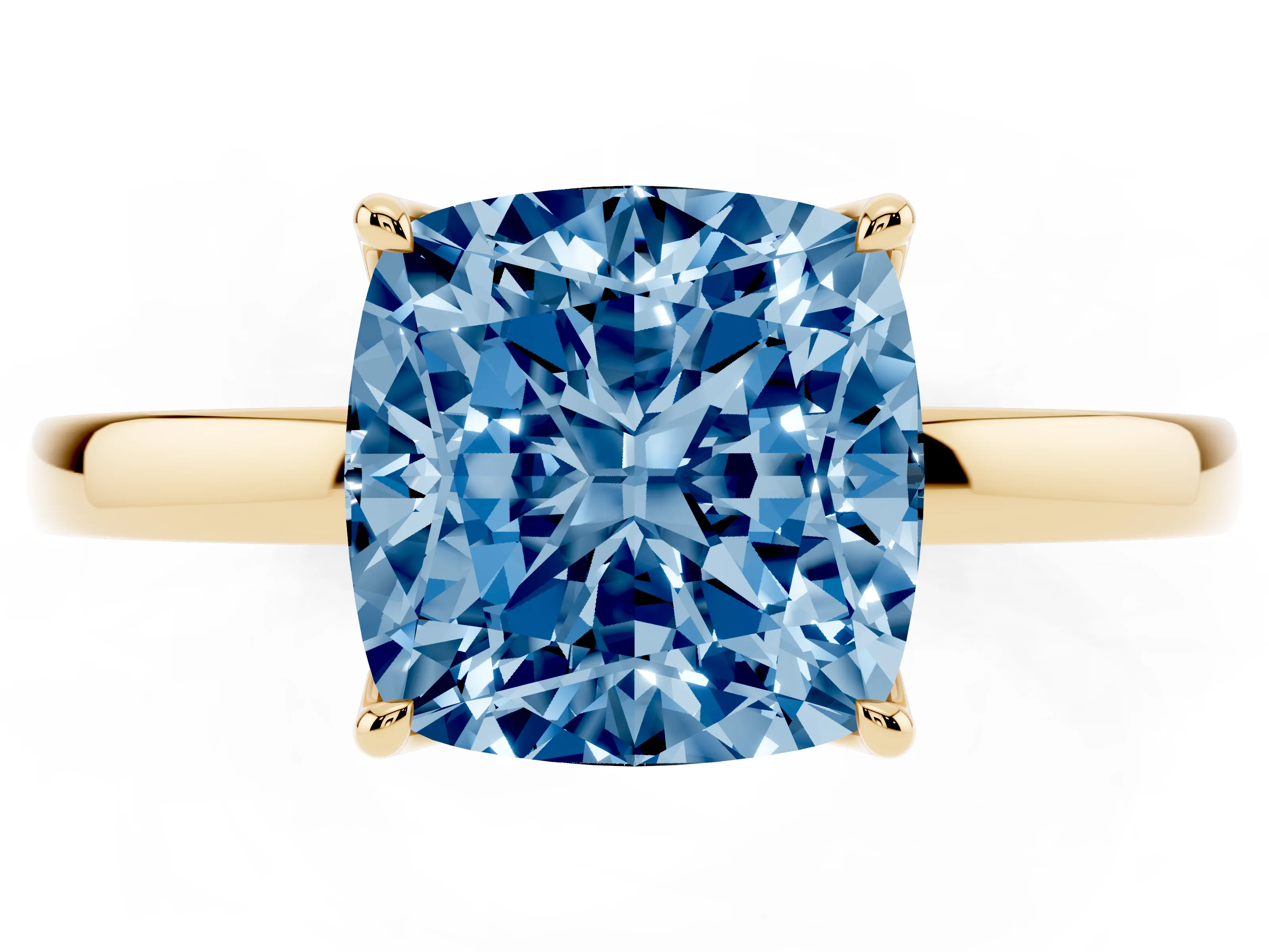 Fancy Blue Cushion Cut Diamond Solitaire Ring Set in Yellow gold with Prong Setting and Thin Polished Band
