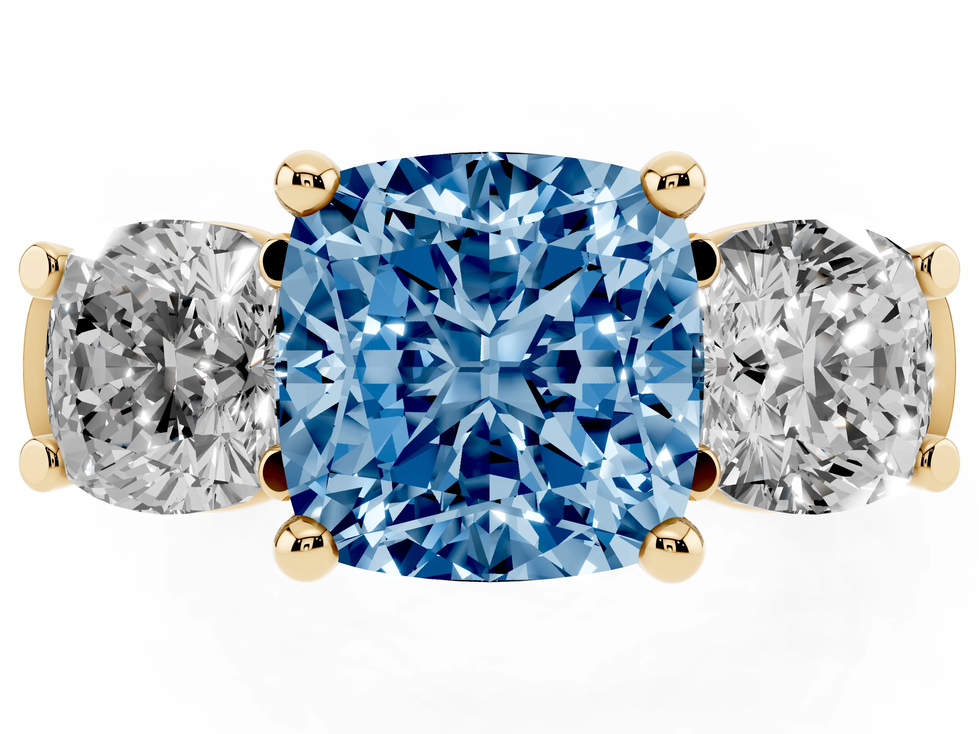 Fancy Blue Cushion Cut Diamond Three-Stone Trellis Ring Set in Yellow gold with Comfort Fit Band