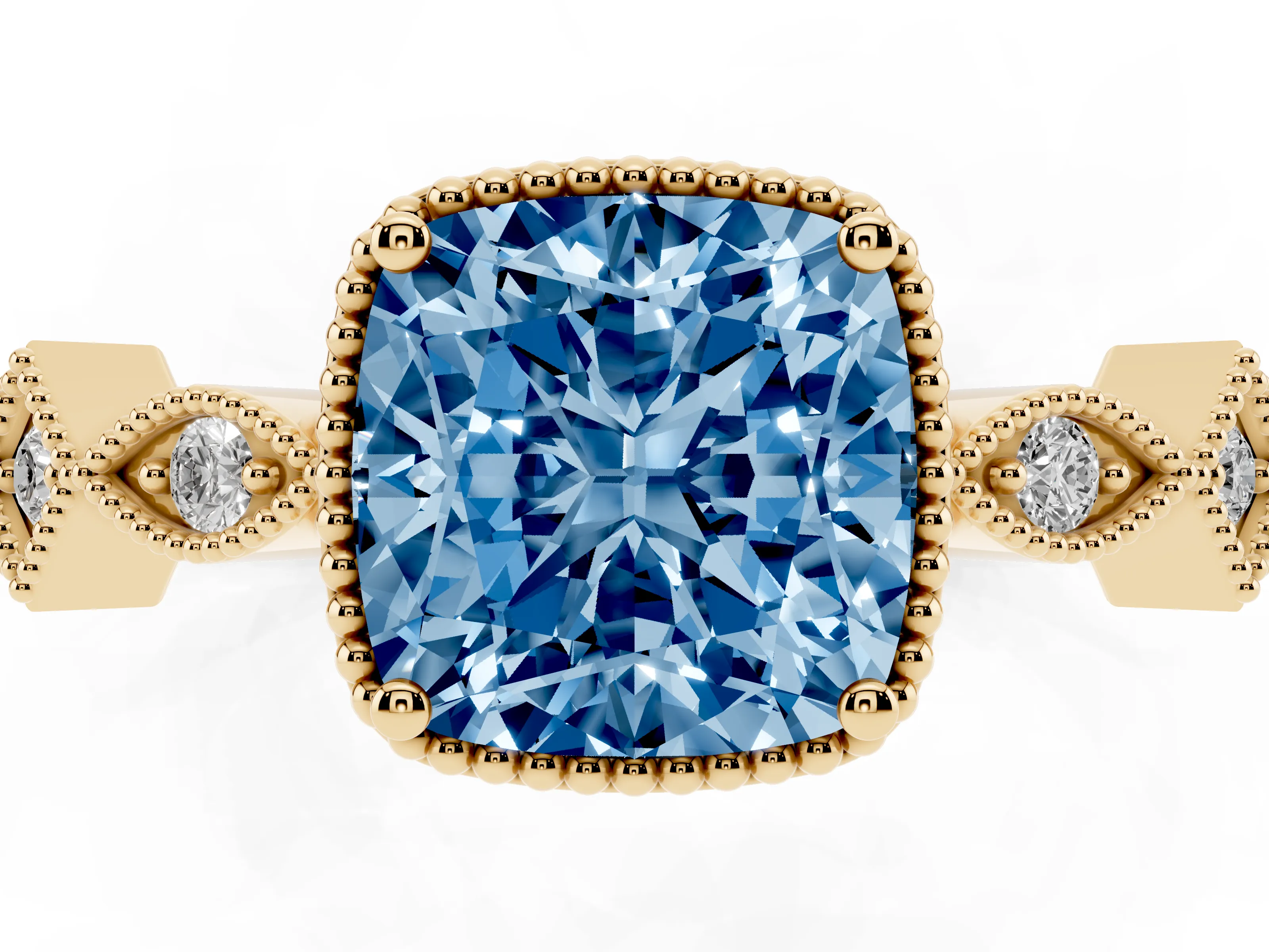 Fancy Blue Cushion Cut Diamond Milgrain Marquise Twist Band Ring Set in Yellow gold with Prong Setting