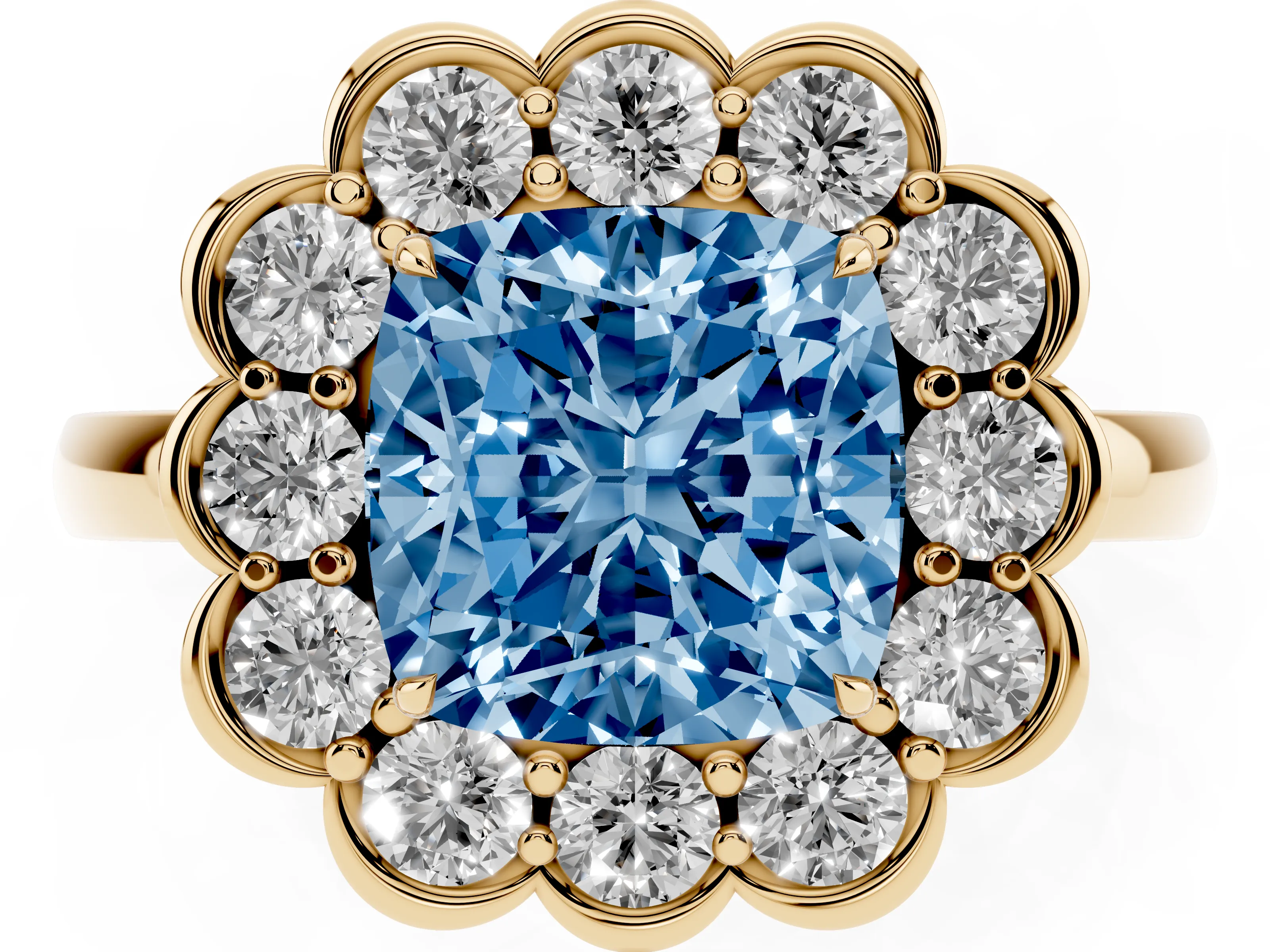 Fancy Blue Cushion Cut Diamond Halo Cluster Engagement Ring Set in Yellow gold with Solitaire Band and Prong Setting