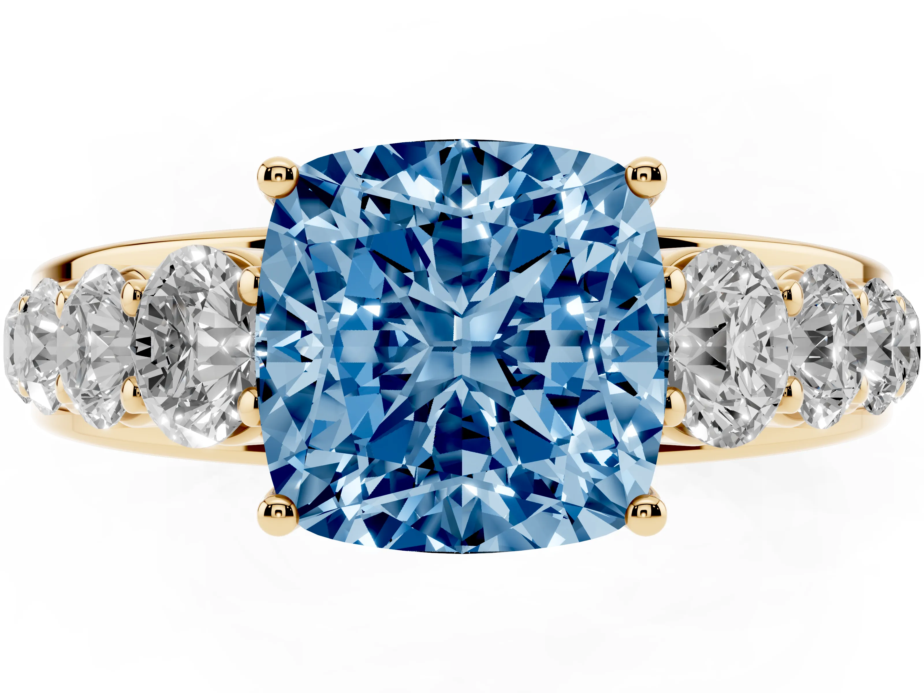 Fancy Blue Cushion Cut Diamond Solitaire Ring Set in Yellow gold with Pavé-Set Band and Prong Setting