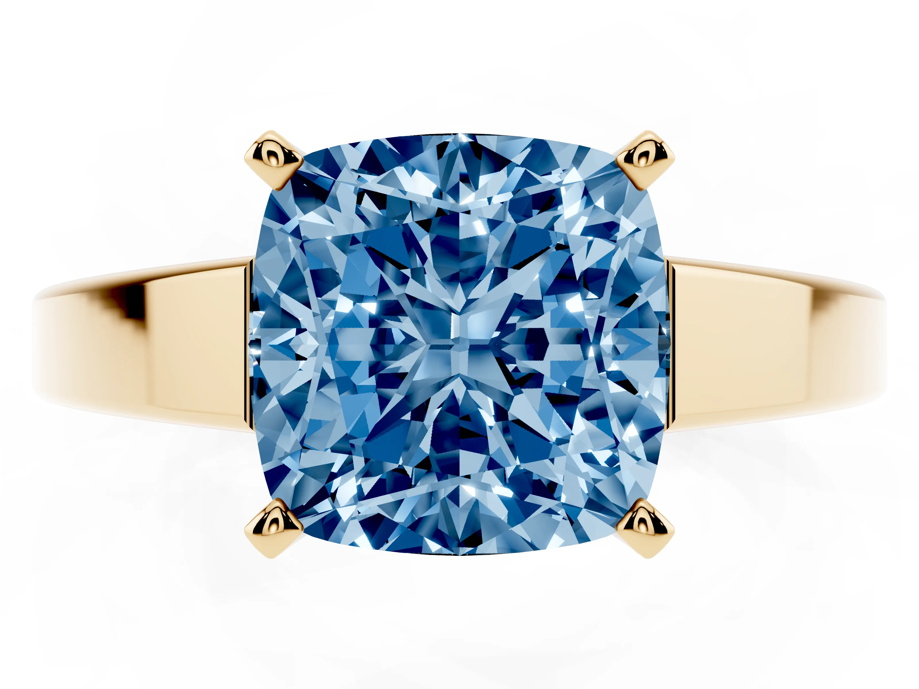 Fancy Blue Cushion Cut Diamond Solitaire Engagement Ring Set in Yellow gold with Prong Setting and Tapered Band