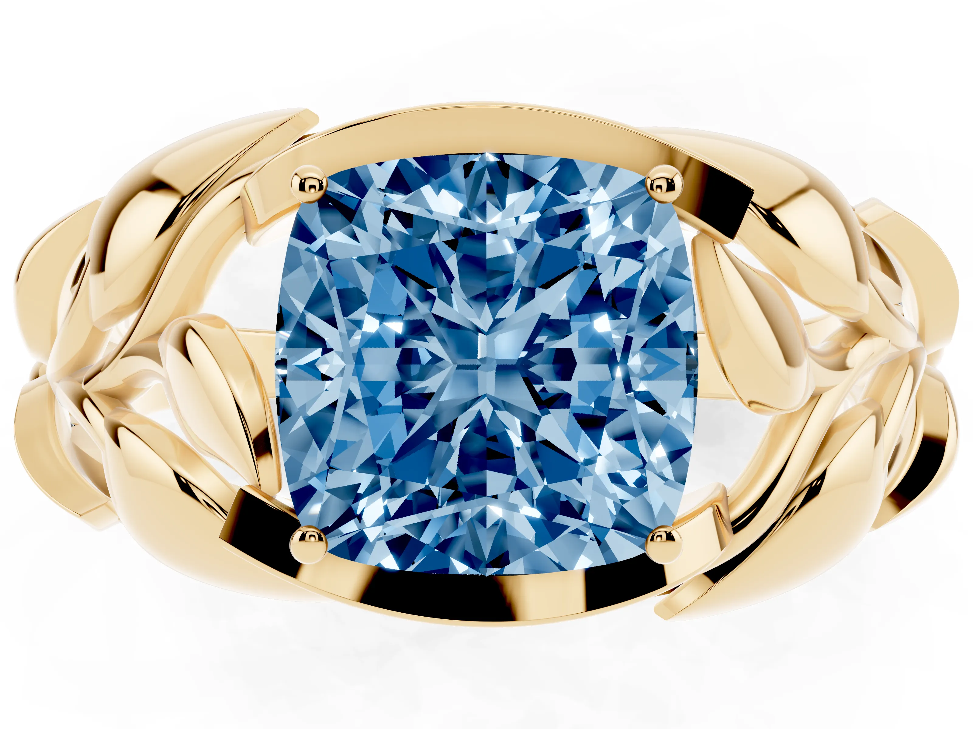 Fancy Blue Cushion Cut Diamond Leaf-Inspired Engagement Ring Set in Yellow gold with Round Accents