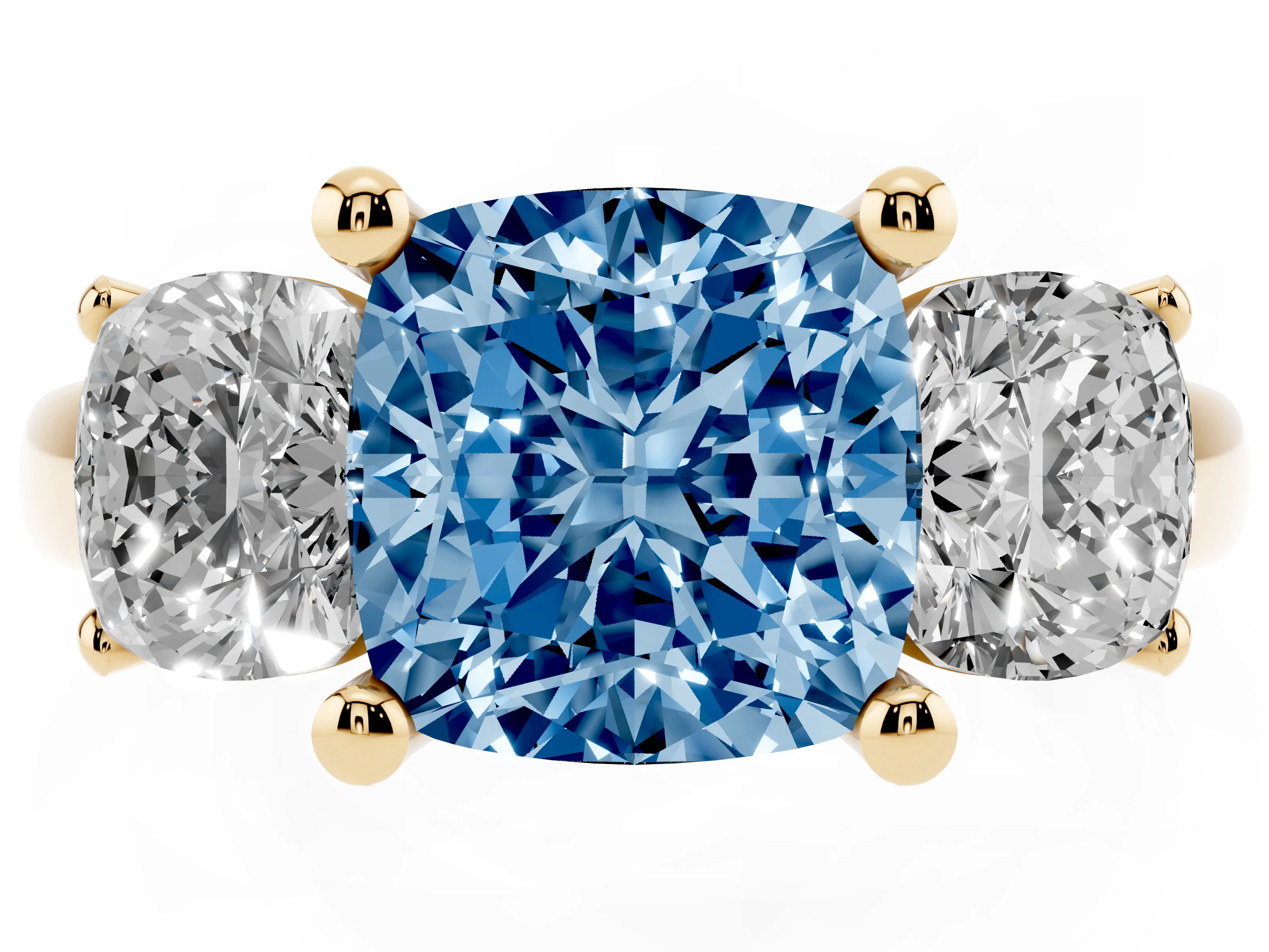 Fancy Blue Cushion Cut Diamond Three-Stone Ring Set in Yellow gold with Classic Prong Setting and Plain Band