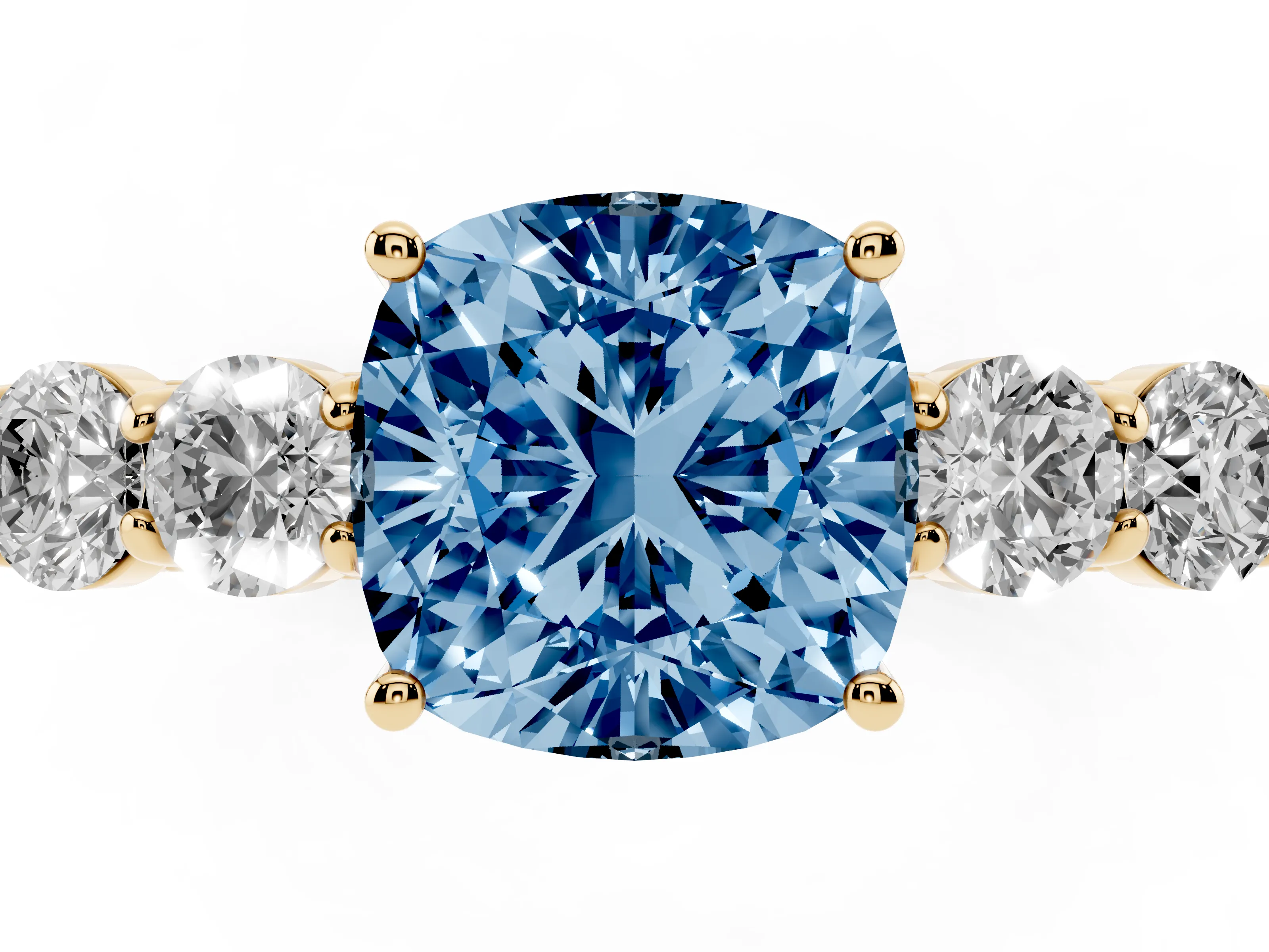 Fancy Blue Cushion Cut Diamond Five-Stone Prong Set Band Ring Set in Yellow gold with Polished Band