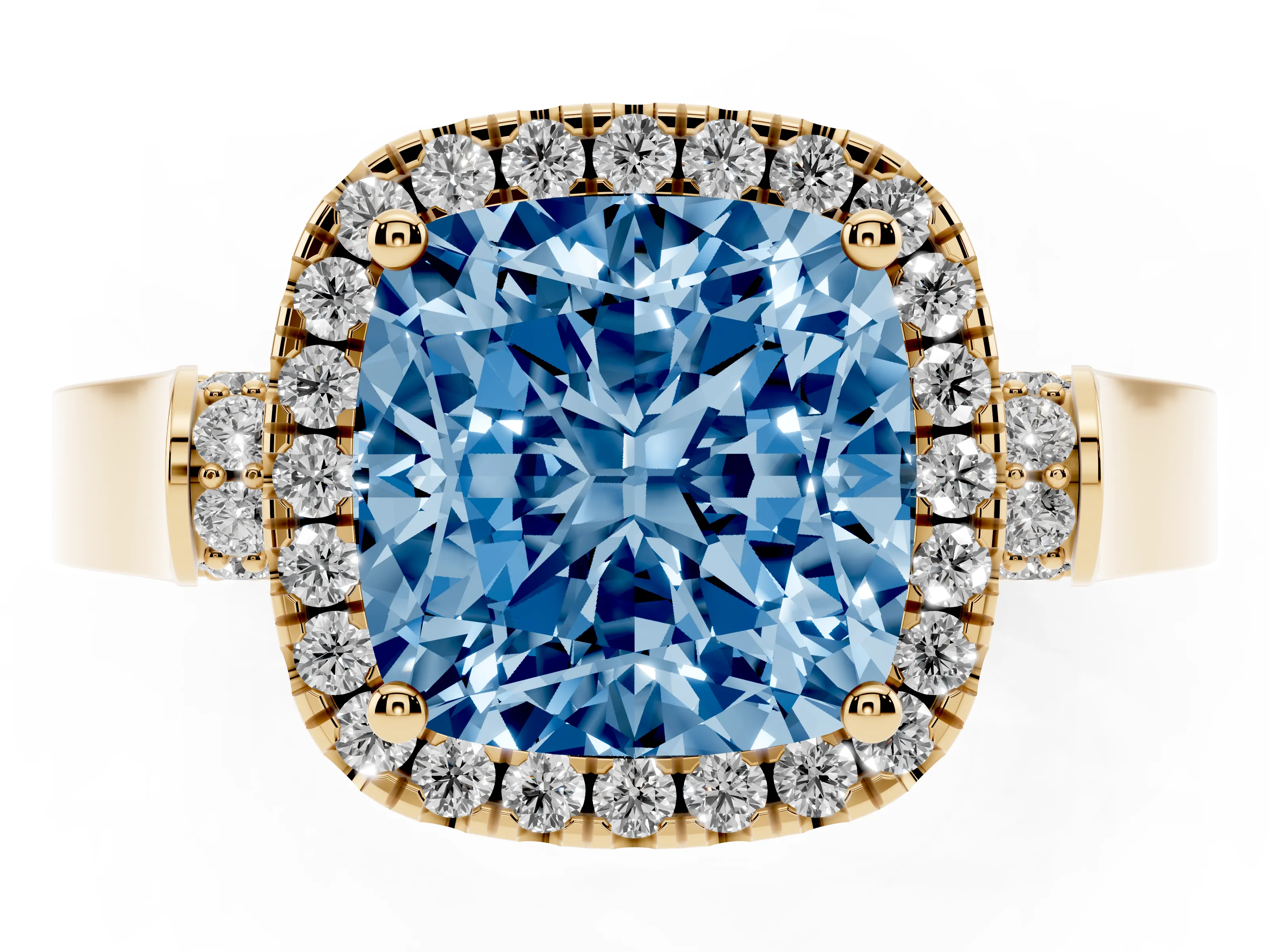 Fancy Blue Cushion Cut Diamond Halo Ring Set in Yellow gold with Pavé-Lined Split Shank Band