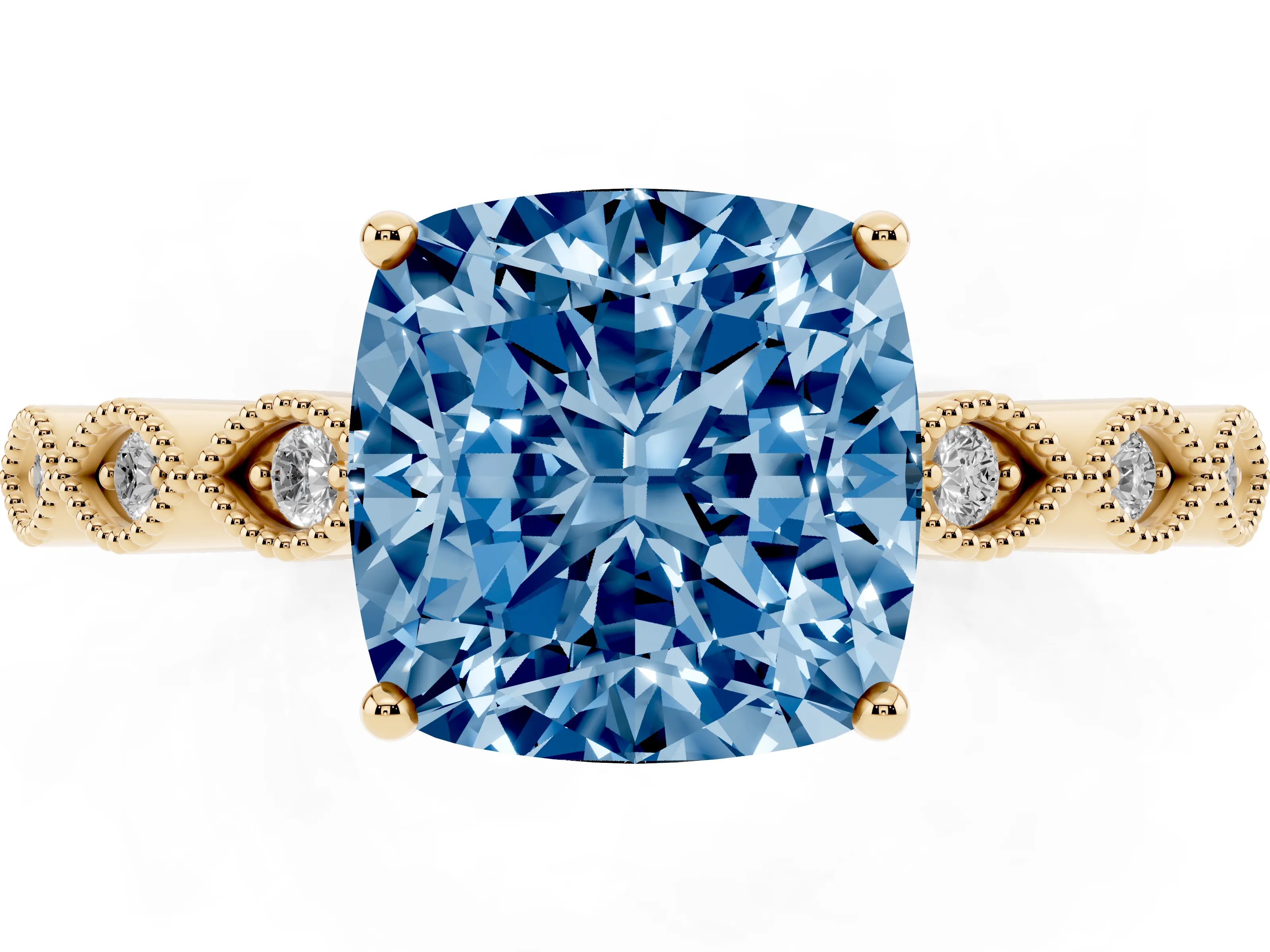 Fancy Blue Cushion Cut Diamond Solitaire Ring Set in Yellow gold with Infinity Twist Pavé Band