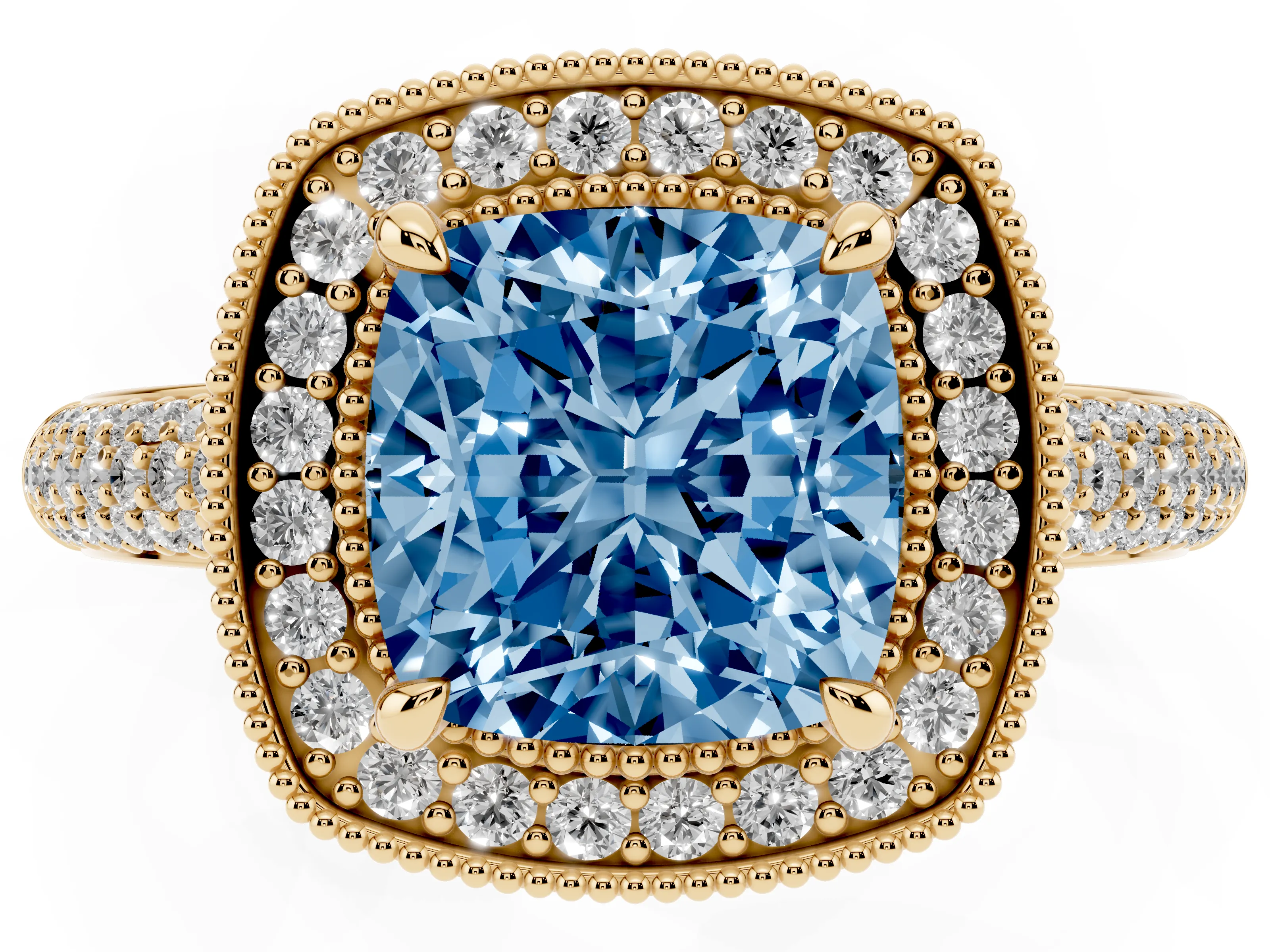 Fancy Blue Cushion Cut Diamond Halo Pavé Band Set in Yellow gold with Prong Setting