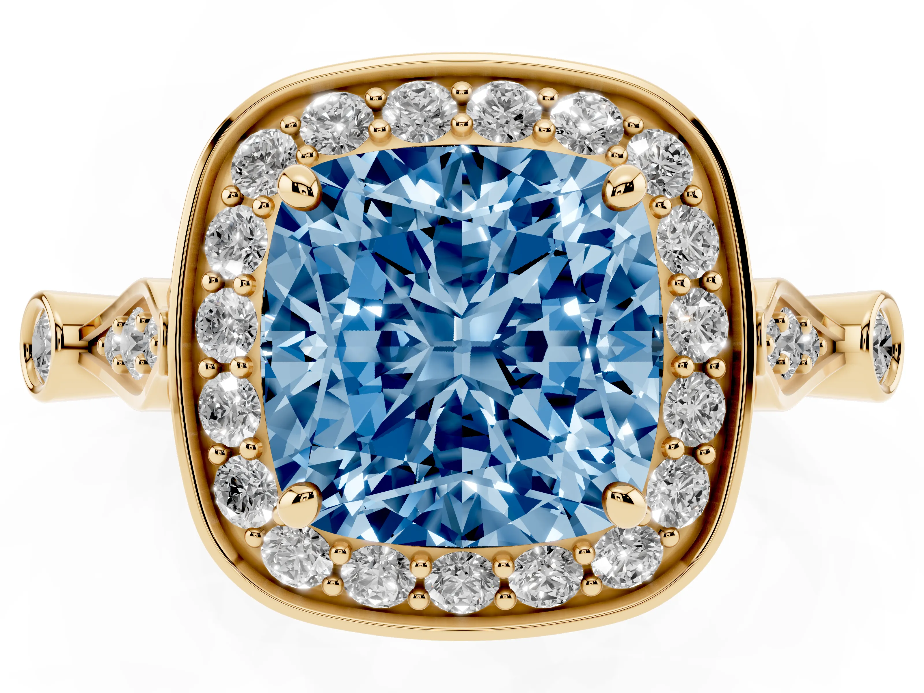 Fancy Blue Cushion Cut Diamond Halo Engagement Ring Set in Yellow gold with Twisted Band and Prong Setting