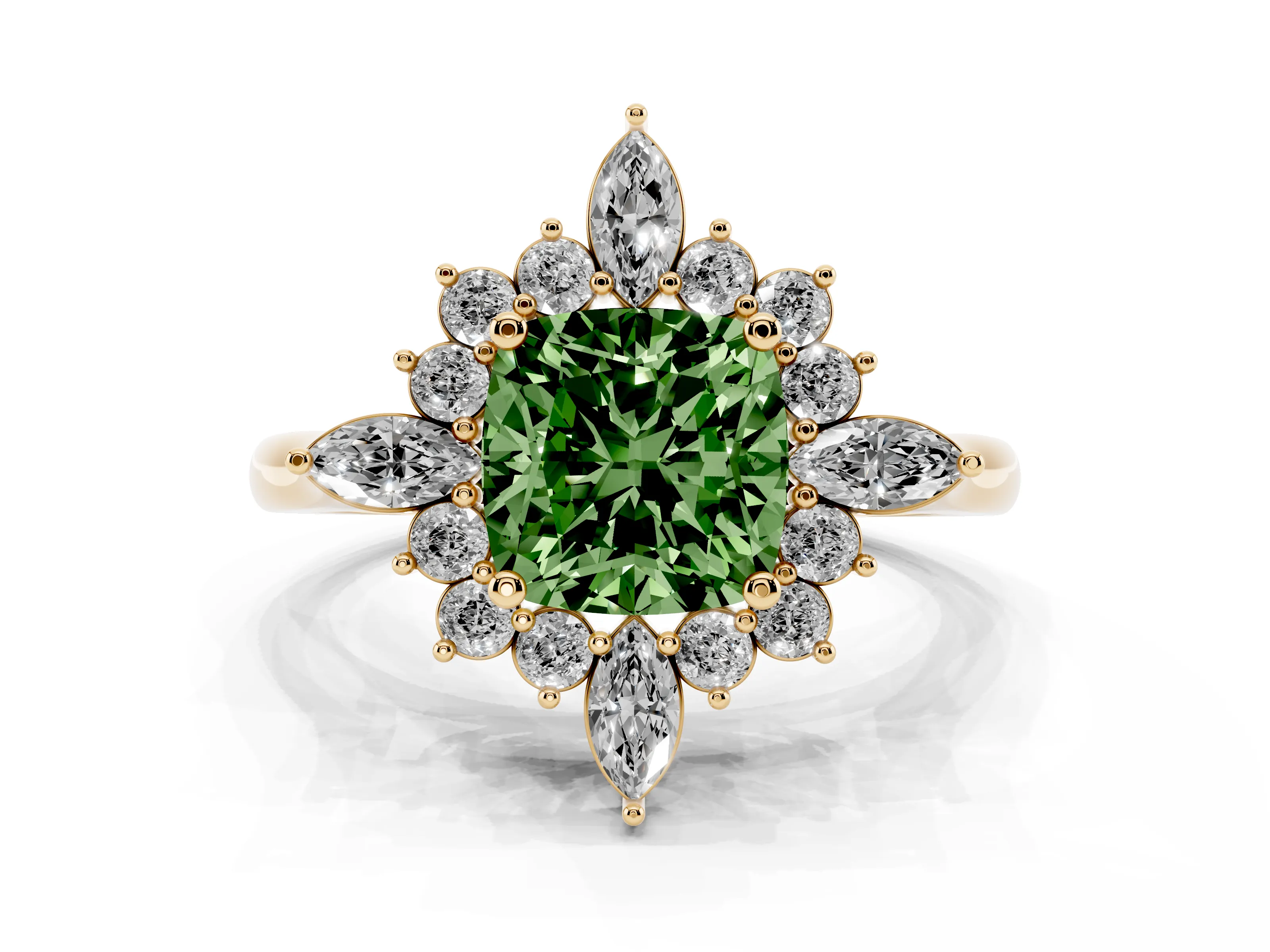 Fancy Green Cushion Cut Diamond Cluster Halo Ring Set in Yellow gold with Marquise and Round Accents