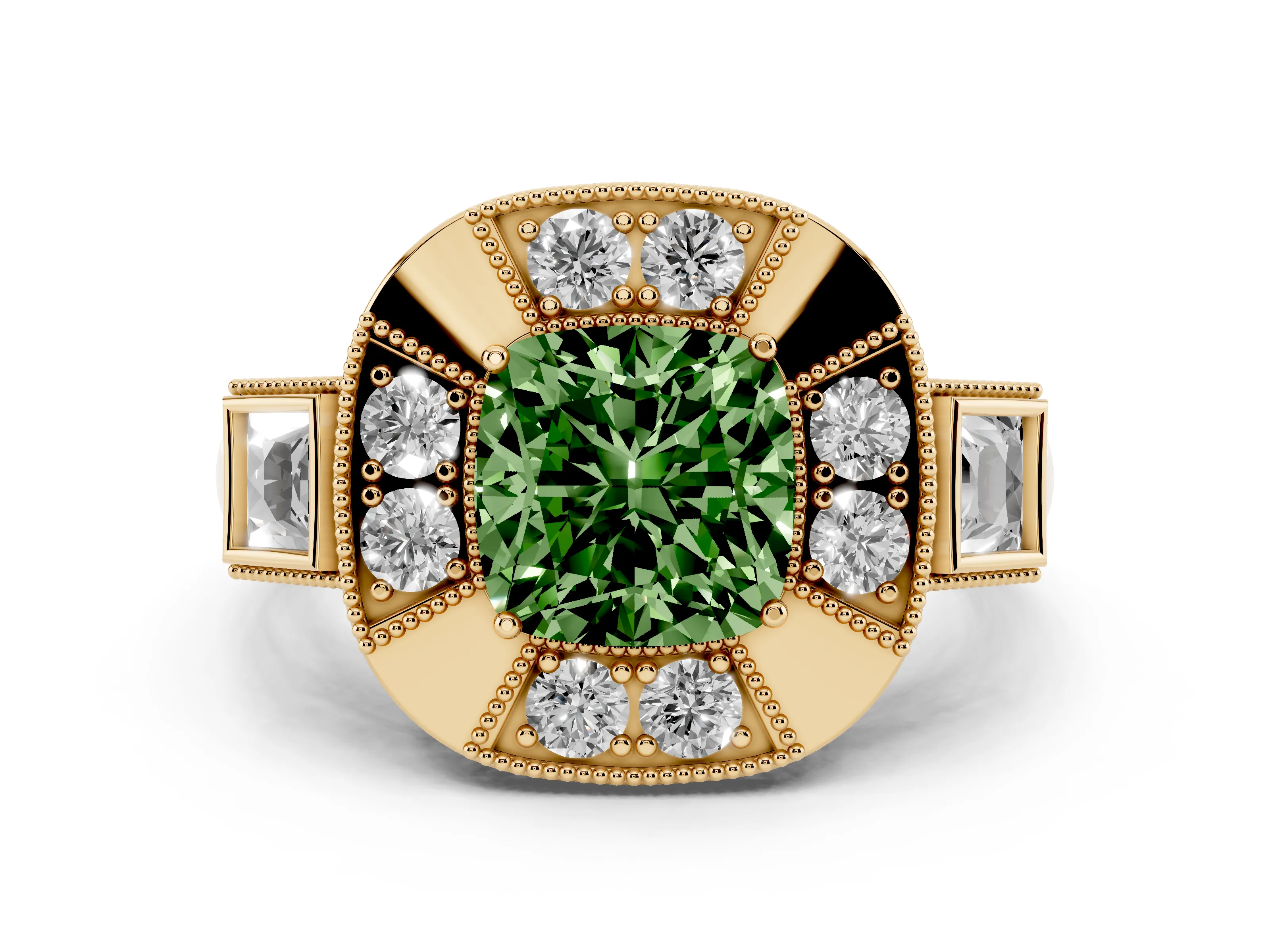 Fancy Green Cushion Cut Diamond Milgrain Halo Ring Set in Yellow gold with Split Shank