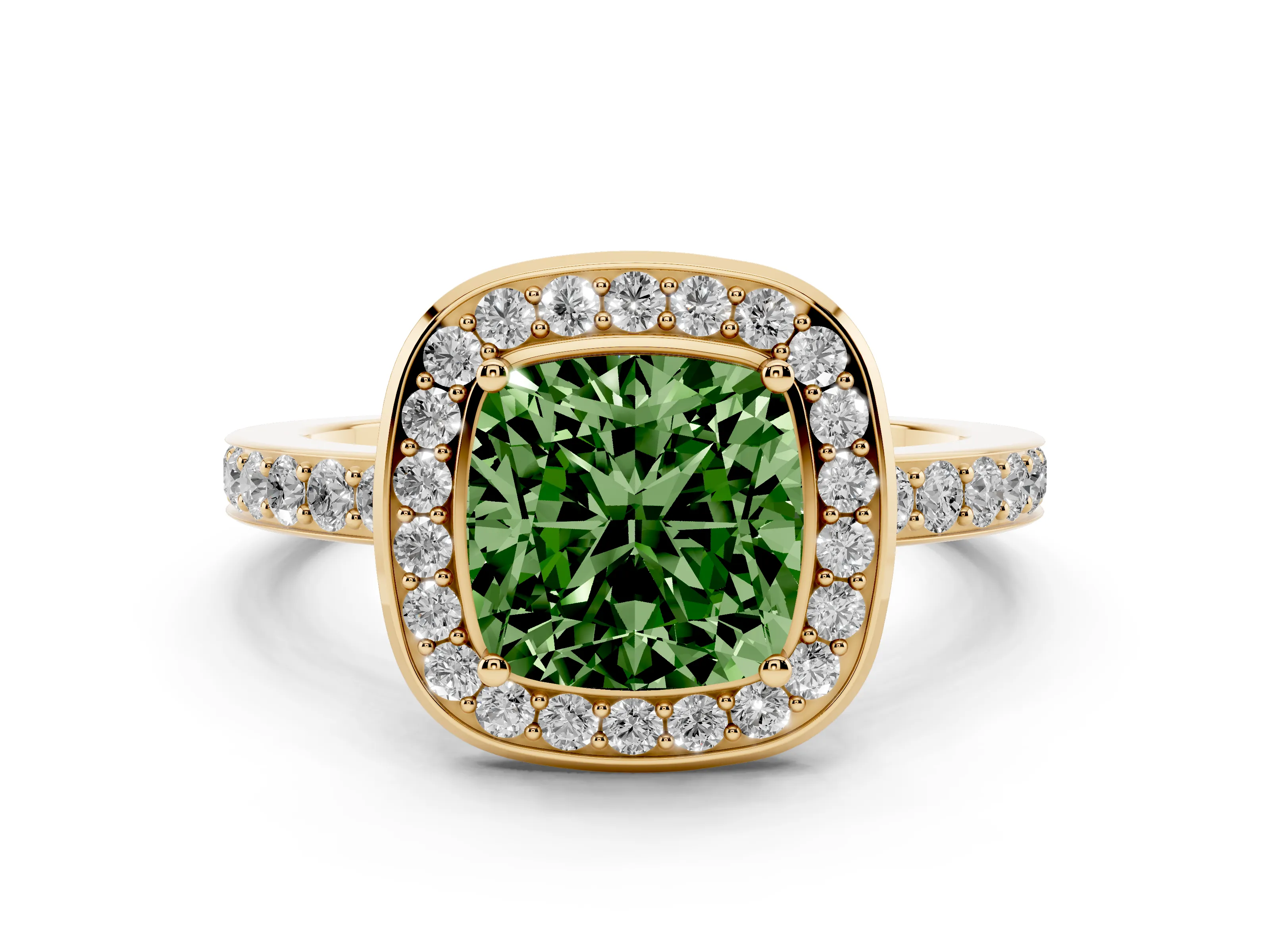 Fancy Green Cushion Cut Diamond Halo Ring Set in Yellow gold with Bezel Frame and Pavé Band