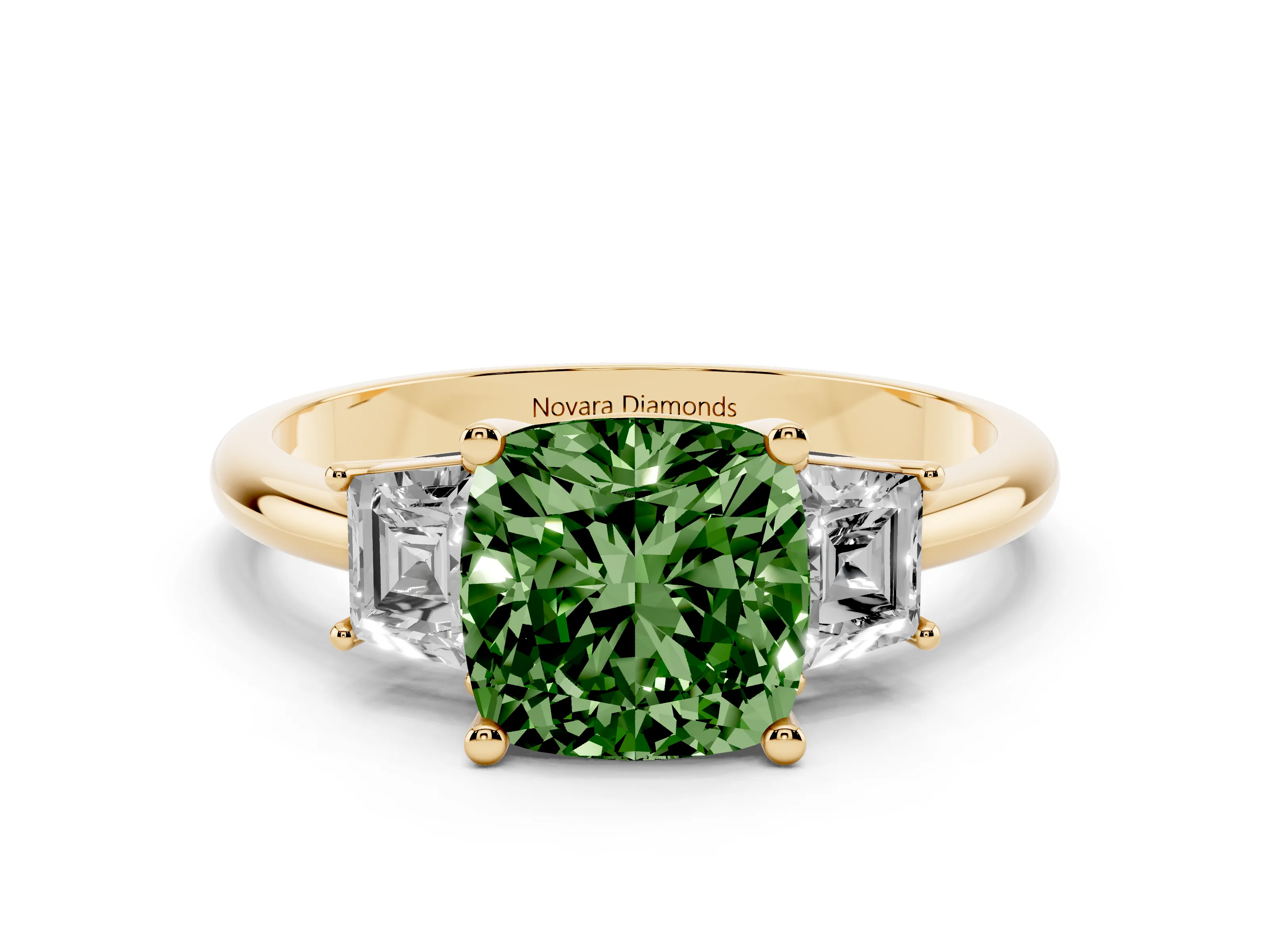 Fancy Green Cushion Cut Diamond Three-Stone Ring Set in Yellow gold with Trapezoid Side Stones and Prong Setting