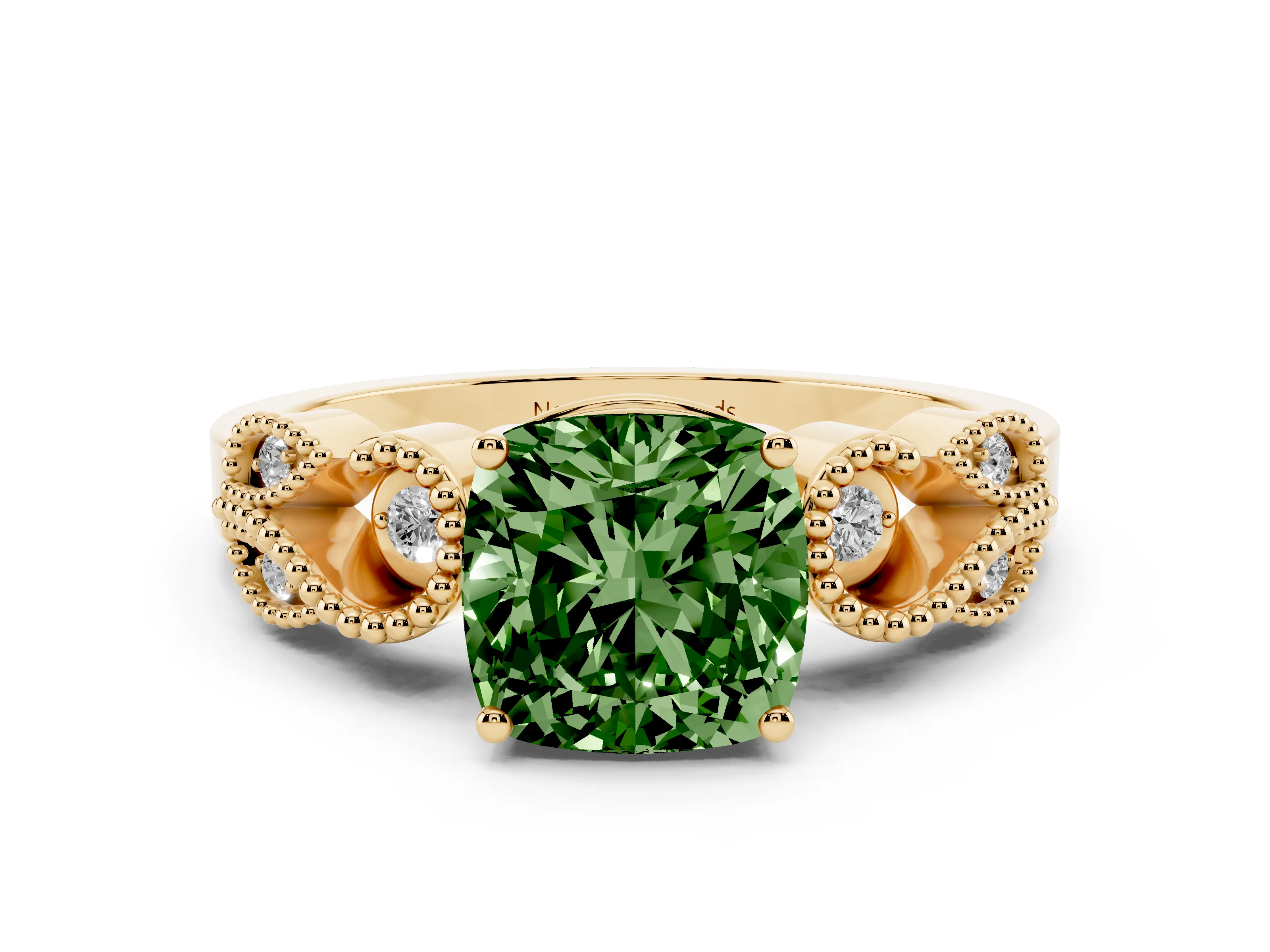 Fancy Green Cushion Cut Diamond Milgrain Leaf Band Solitaire Ring Set in Yellow gold with Accent Stones and Prong Setting