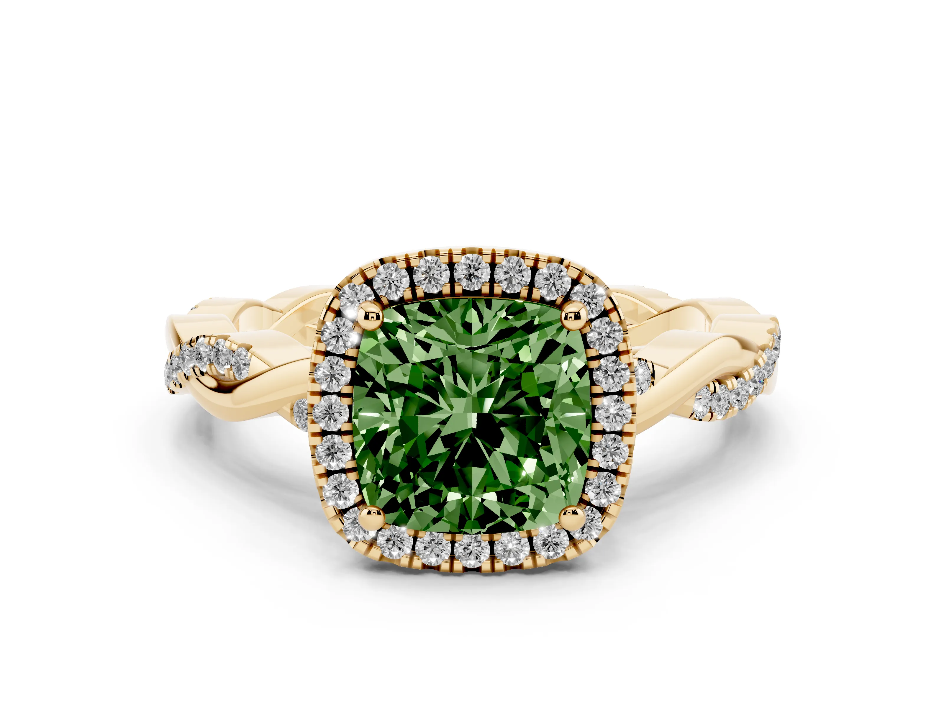 Fancy Green Cushion Cut Diamond Halo Twisted Band Ring Set in Yellow gold with Prong Setting