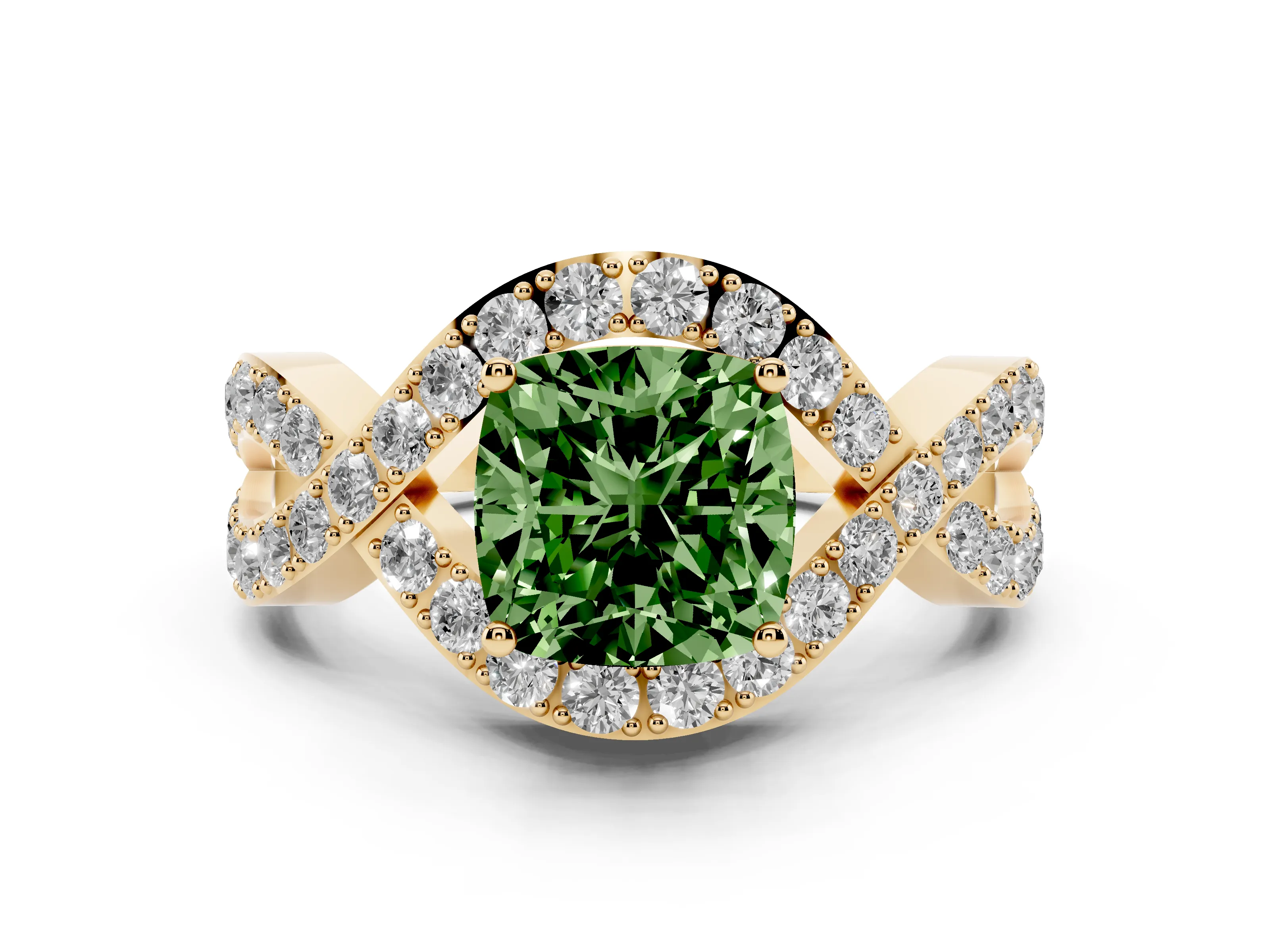 Fancy Green Cushion Cut Diamond Solitaire Twist Band Pavé Engagement Ring Set in Yellow gold