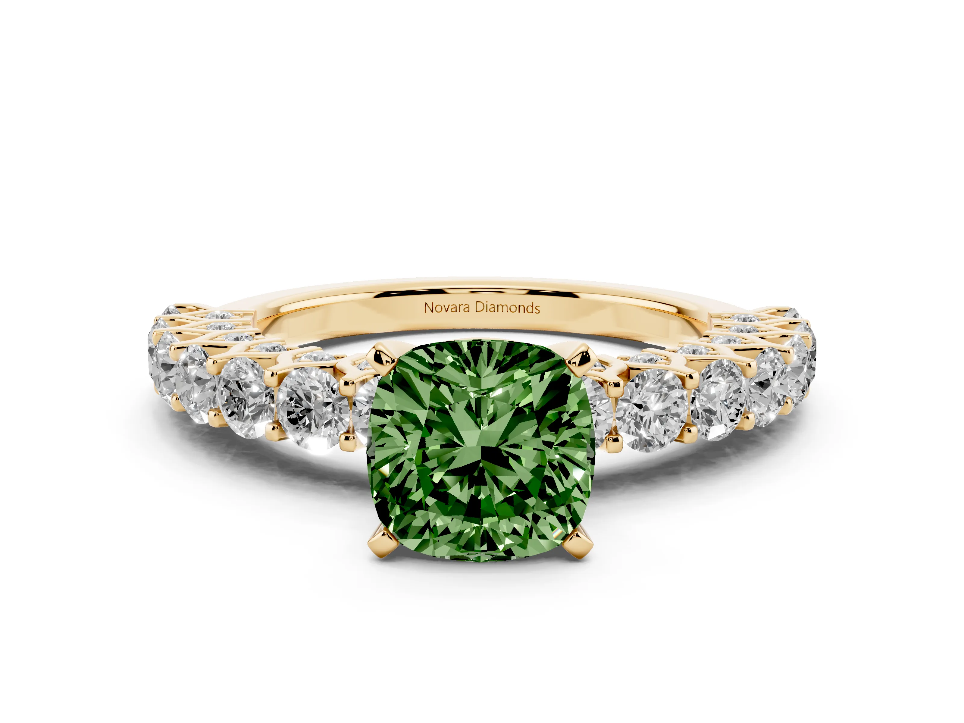 Fancy Green Cushion Cut Diamond Solitaire Ring Set in Yellow gold with Shared Prong Pavé Band