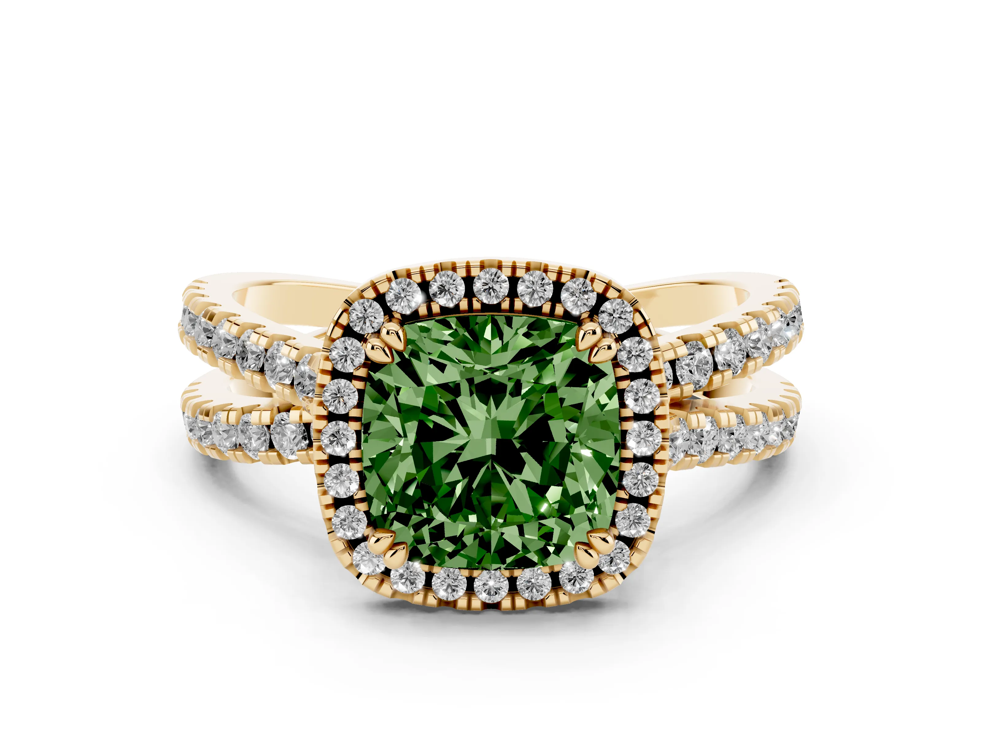Fancy Green Cushion Cut Diamond Halo Split Shank Ring Set in Yellow gold with Pavé Setting