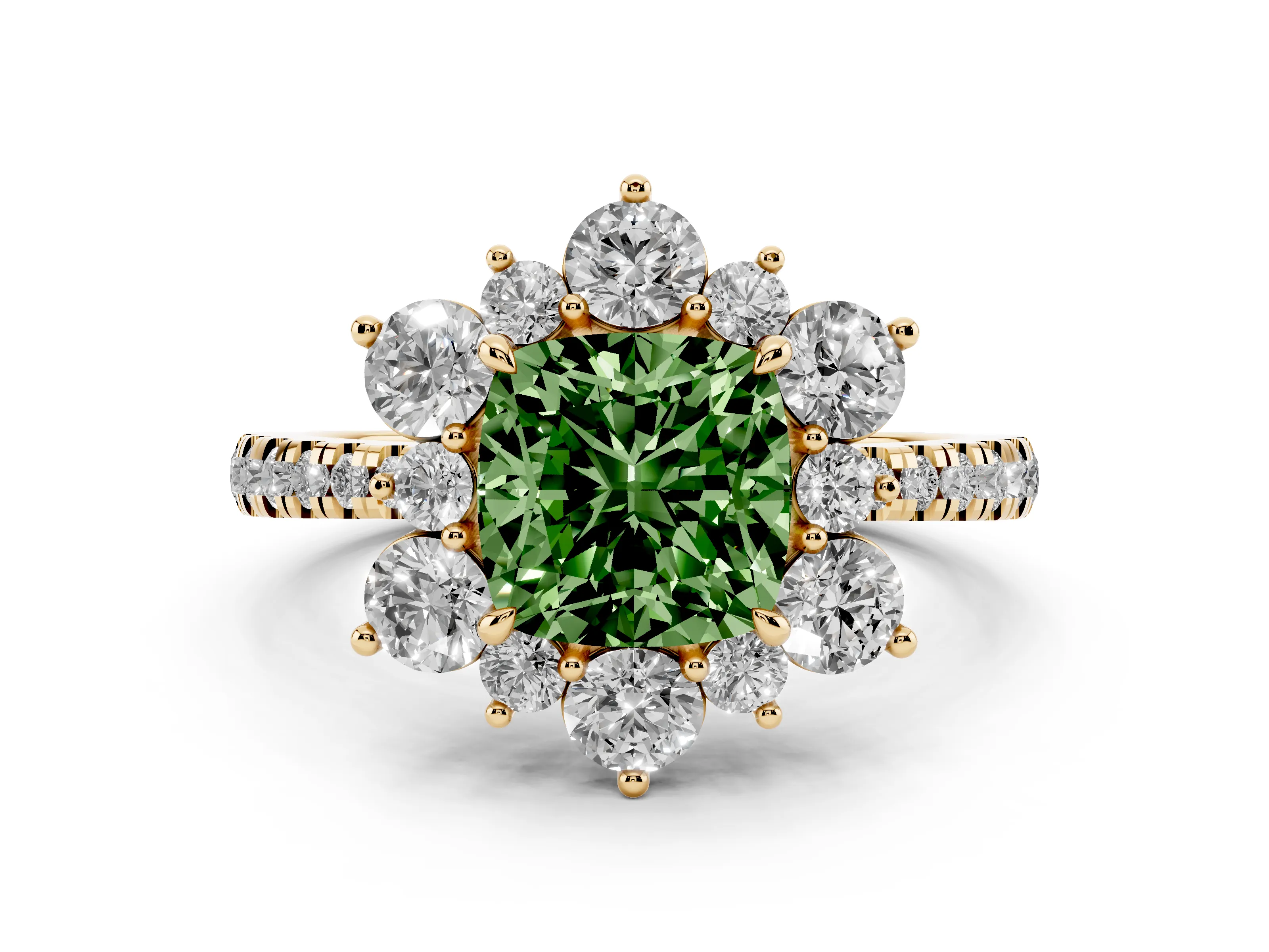 Fancy Green Cushion Cut Diamond Floral Halo Ring Set in Yellow gold with Round Pavé Band and Prong Setting