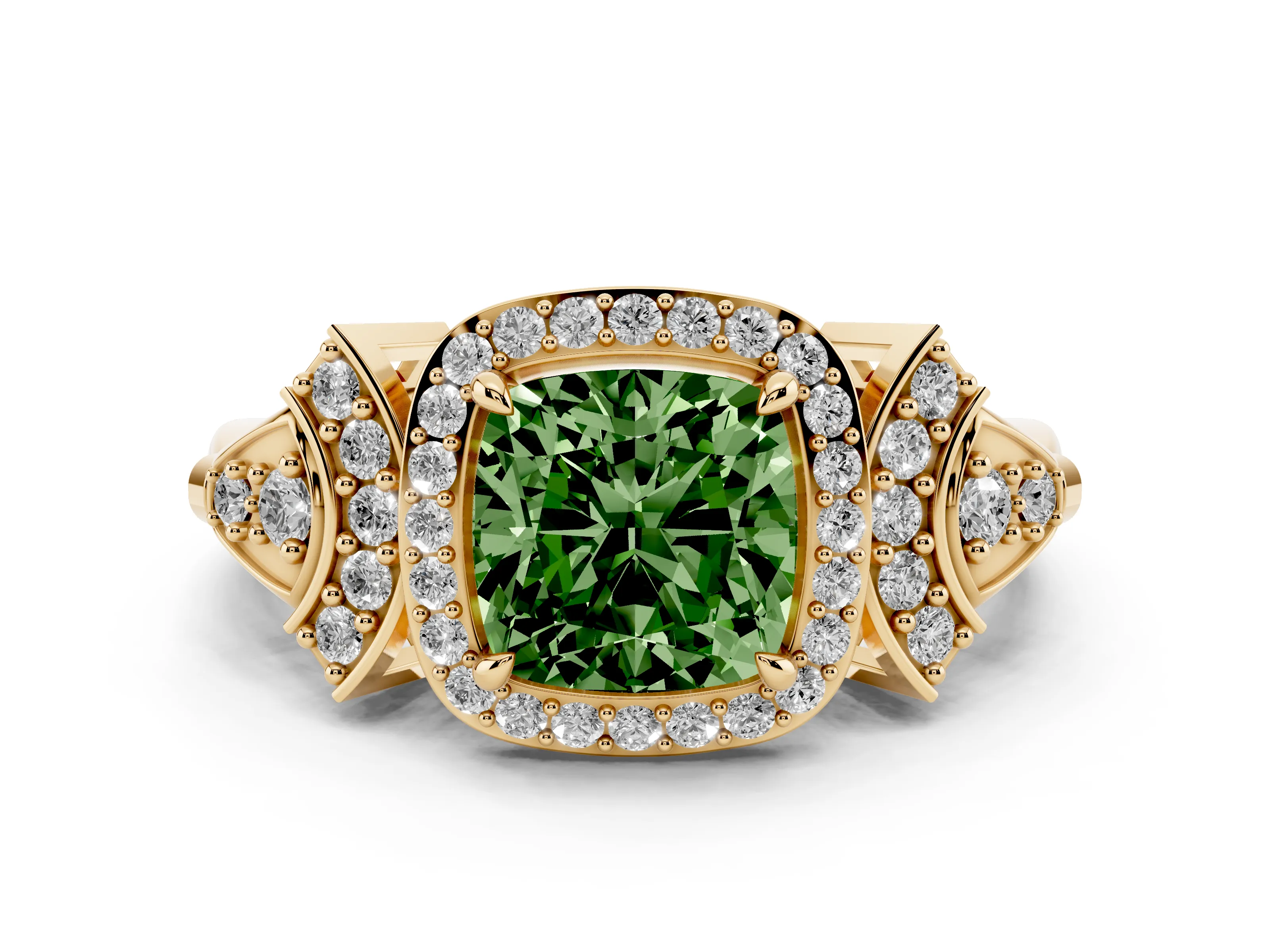 Fancy Green Cushion Cut Diamond Halo Engagement Ring Set in Yellow gold with Accent Stone Split Shank