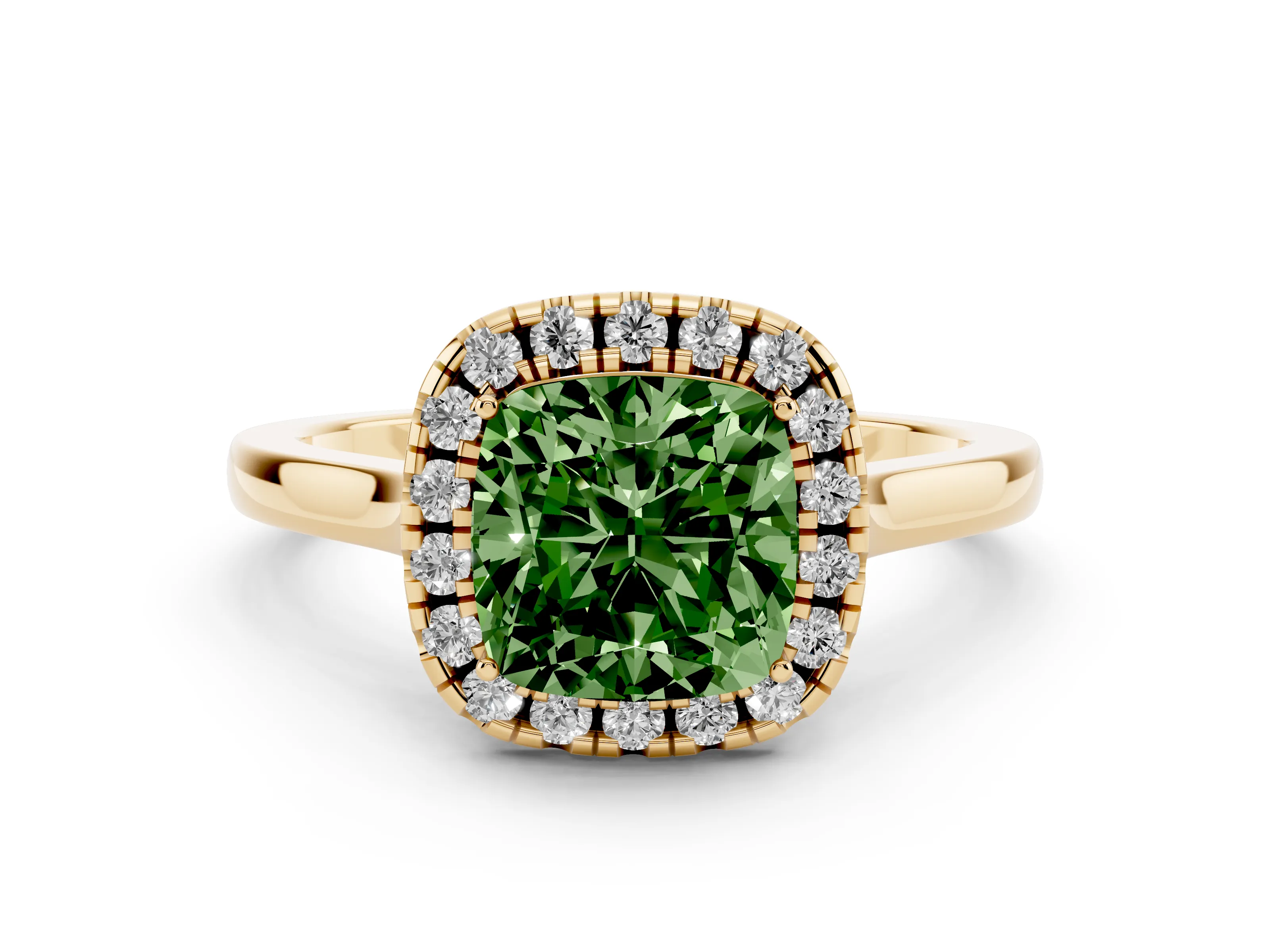 Fancy Green Cushion Cut Halo Round Diamond Solitaire Ring Set in Yellow gold with Pavé Band and Prong Setting