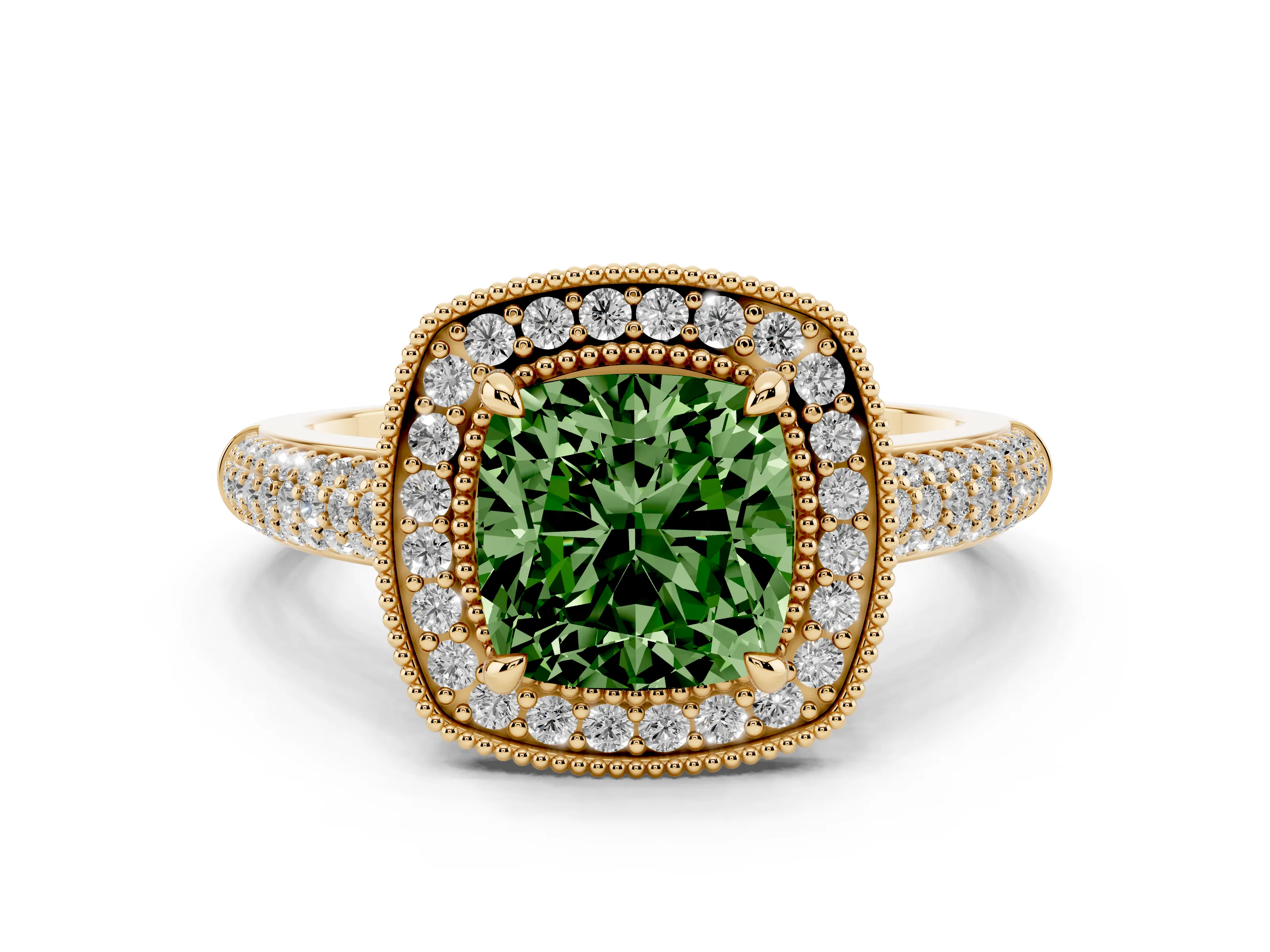 Fancy Green Cushion Cut Diamond Halo Pavé Band Set in Yellow gold with Prong Setting