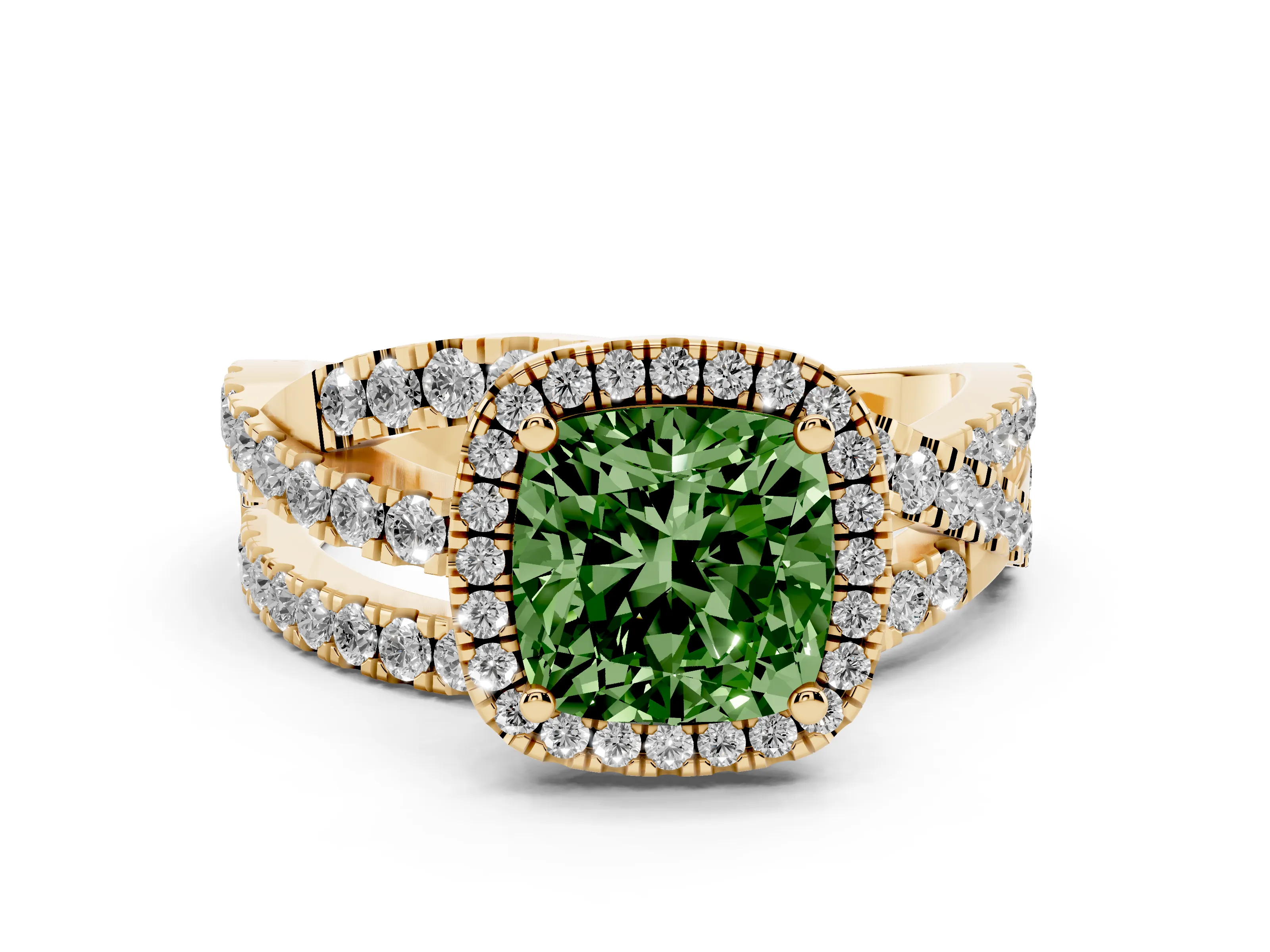 Fancy Green Cushion Cut Diamond Halo Ring Set in Yellow gold with Round Crossover Split Shank and Prong Setting