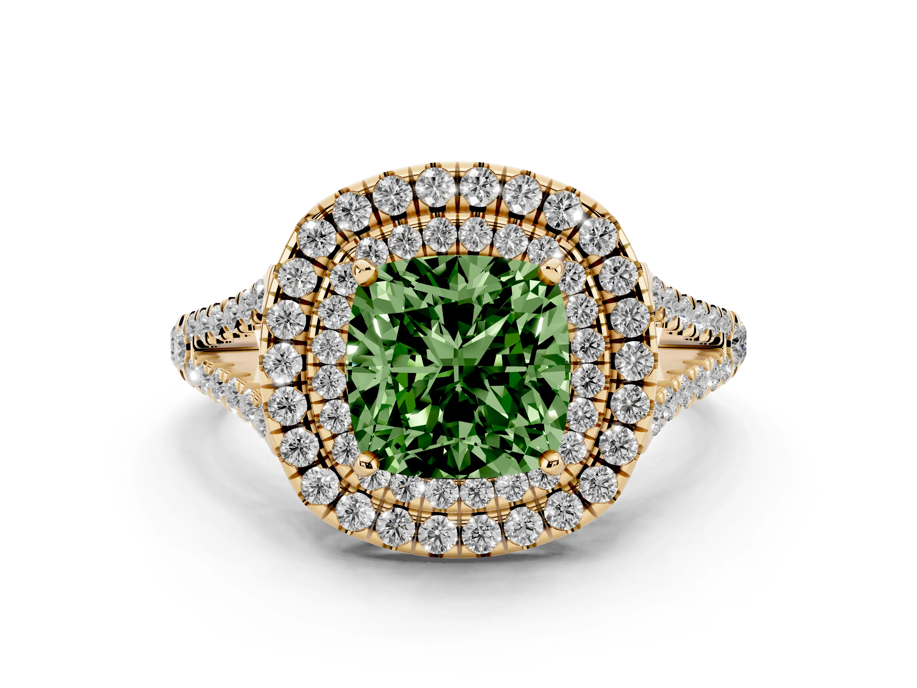 Fancy Green Cushion Cut Diamond Double Halo Ring Set in Yellow gold with Pavé Band