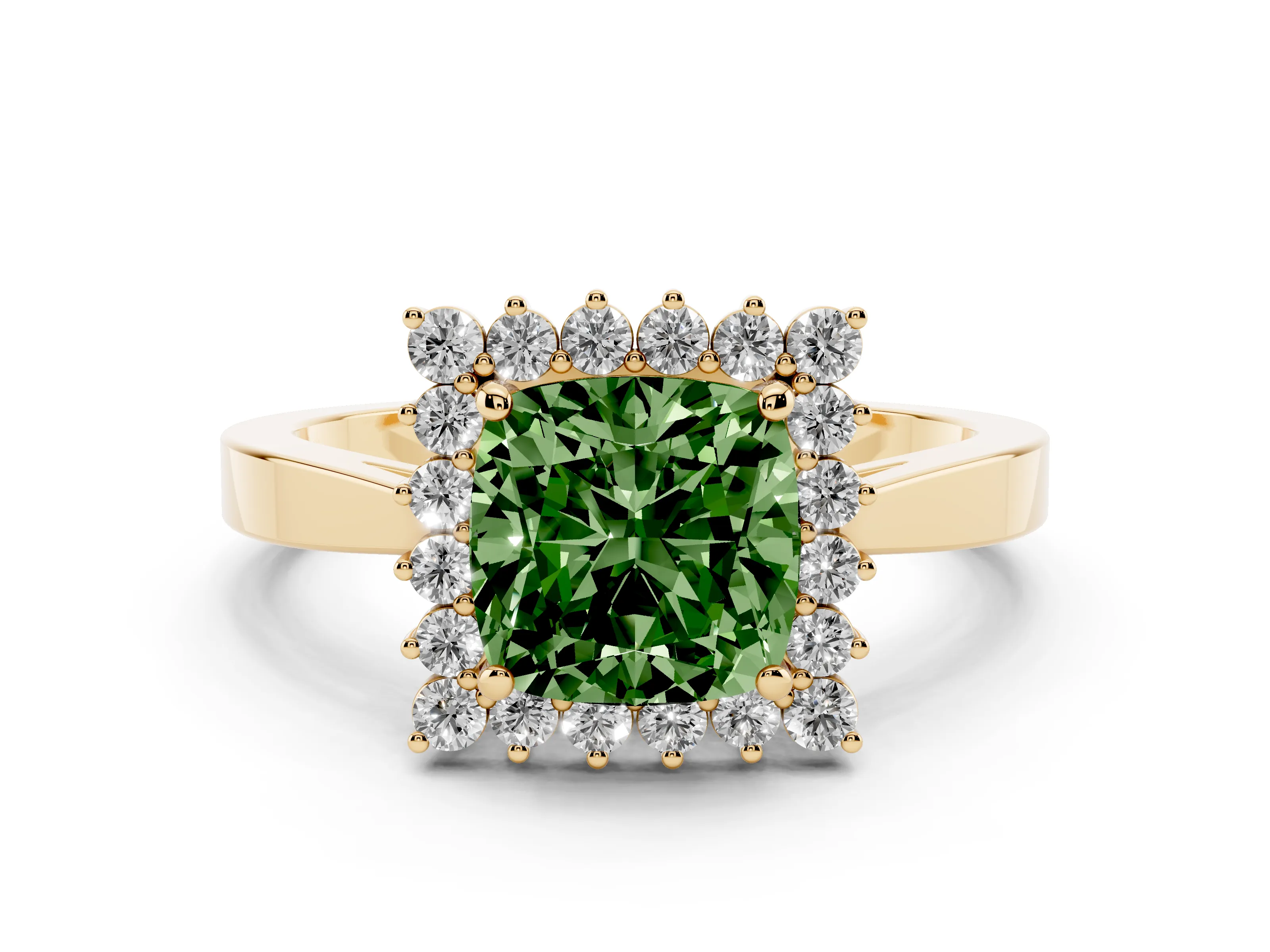 Fancy Green Cushion Cut Diamond Halo Ring Set in Yellow gold with Round Halo and Smooth Solitaire Band