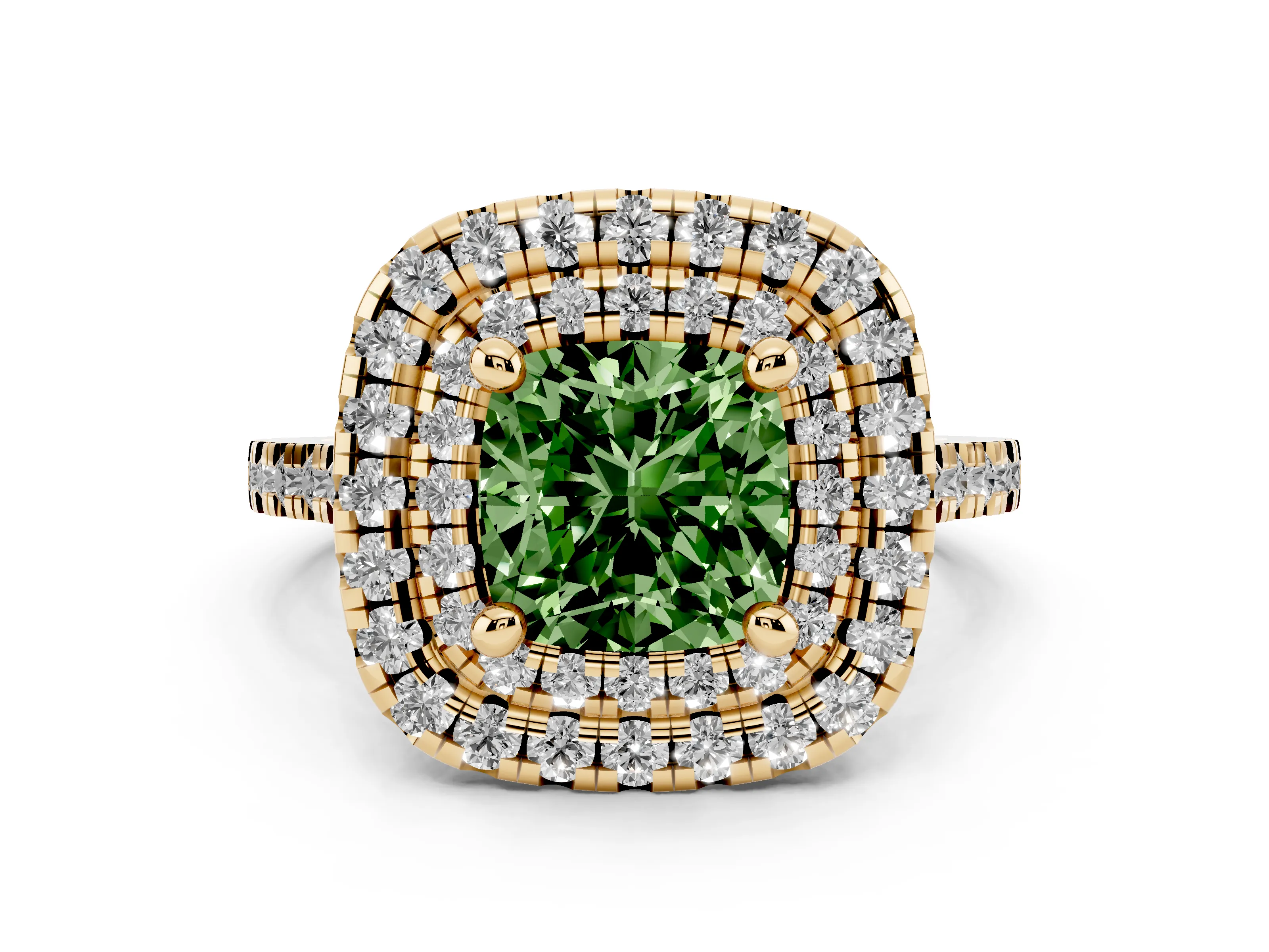 Fancy Green Cushion Cut Diamond Double Halo Statement Ring Set in Yellow gold with Pavé Band
