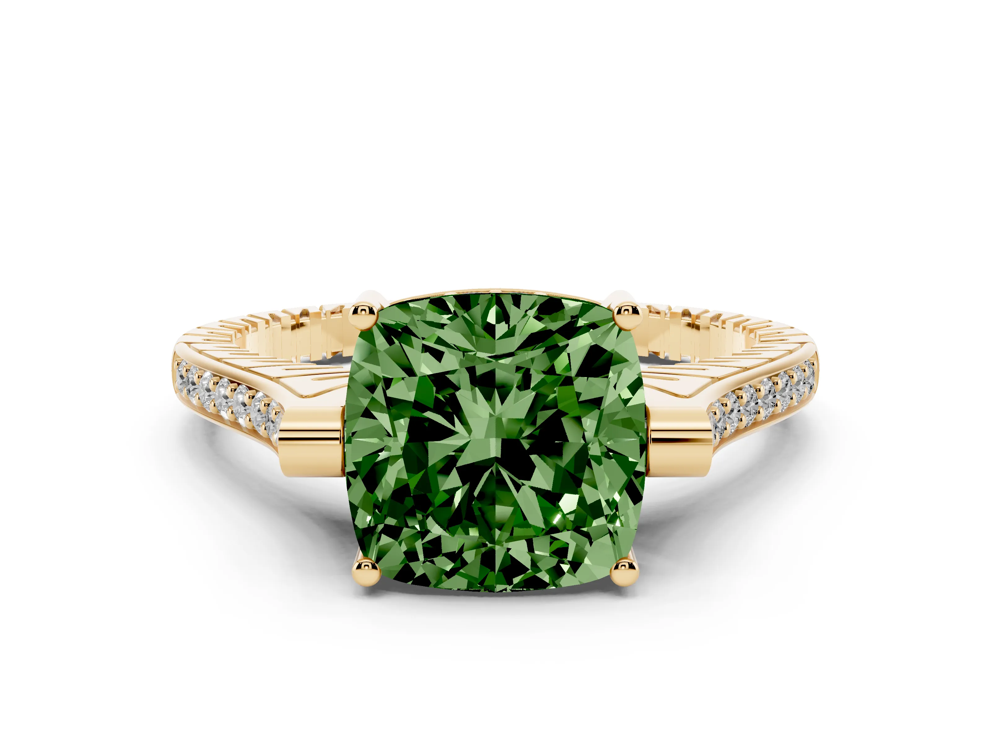 Fancy Green Cushion Cut Diamond Solitaire Ring Set in Yellow gold with Channel Set Band and Bezel Prong Setting