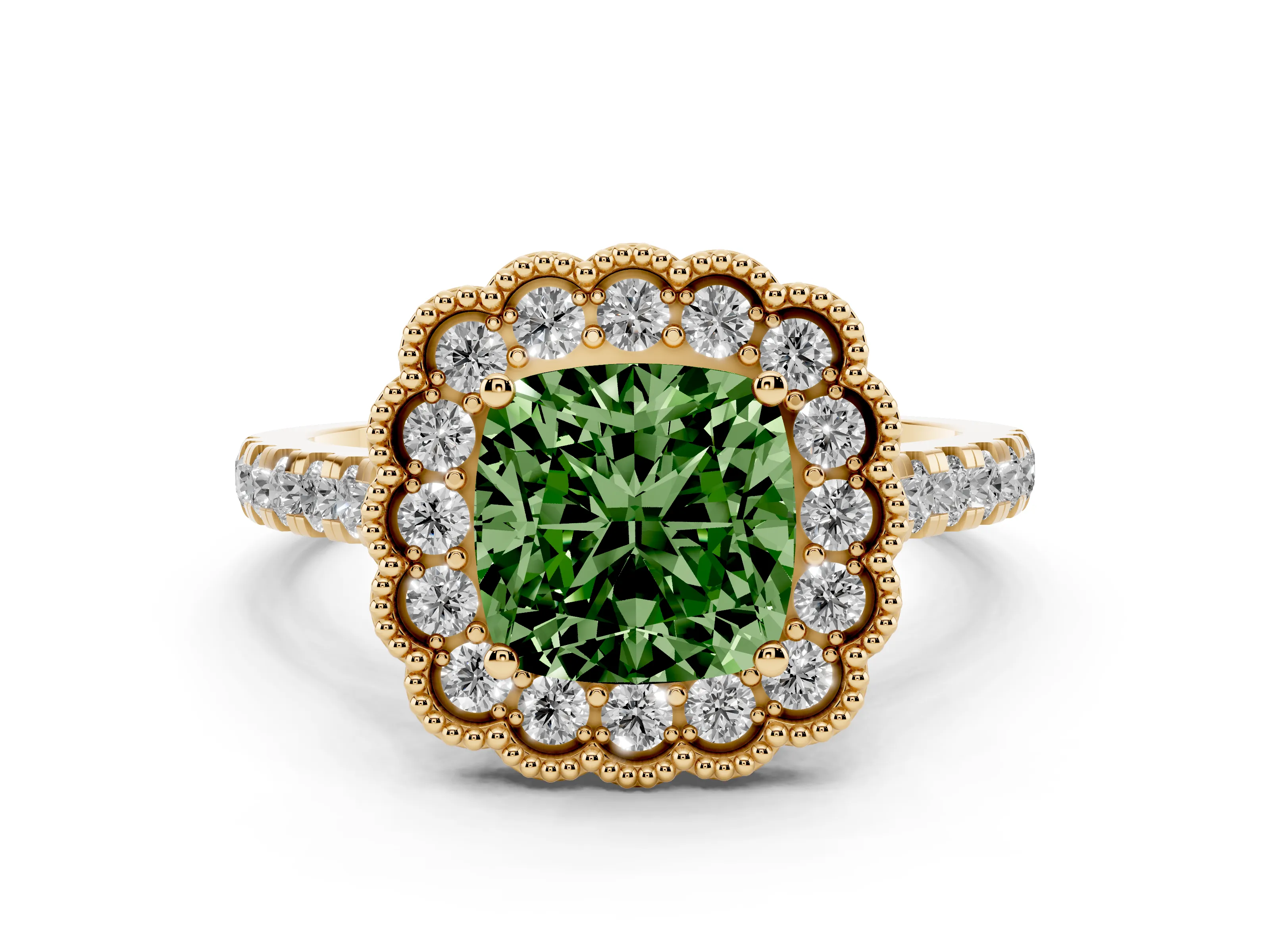Fancy Green Cushion Cut Diamond Milgrain Floral Halo Engagement Ring Set in Yellow gold with Pavé Band