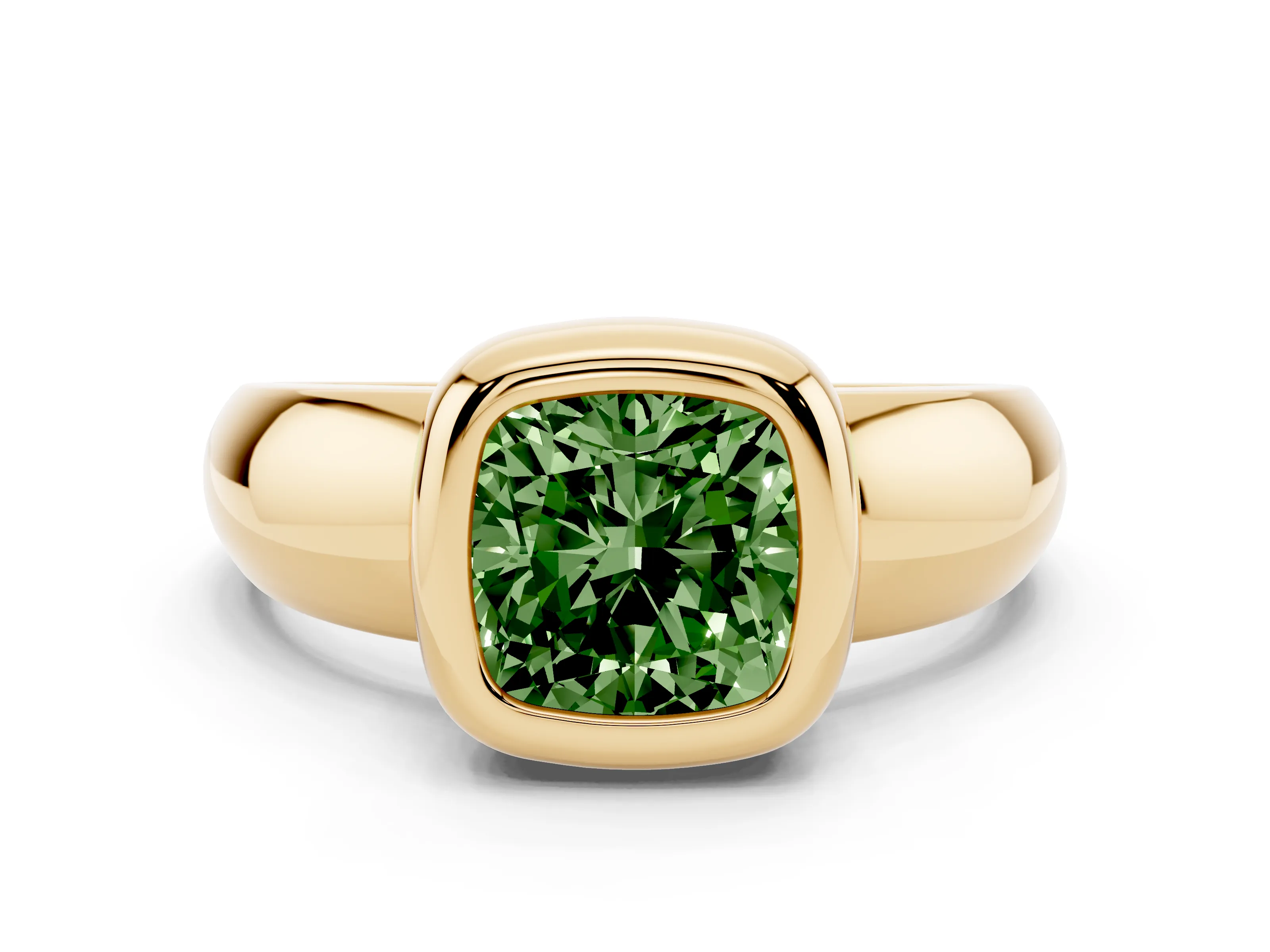 Fancy Green Bezel Set Cushion Cut Diamond Solitaire Ring Set in Yellow gold with Wide Band